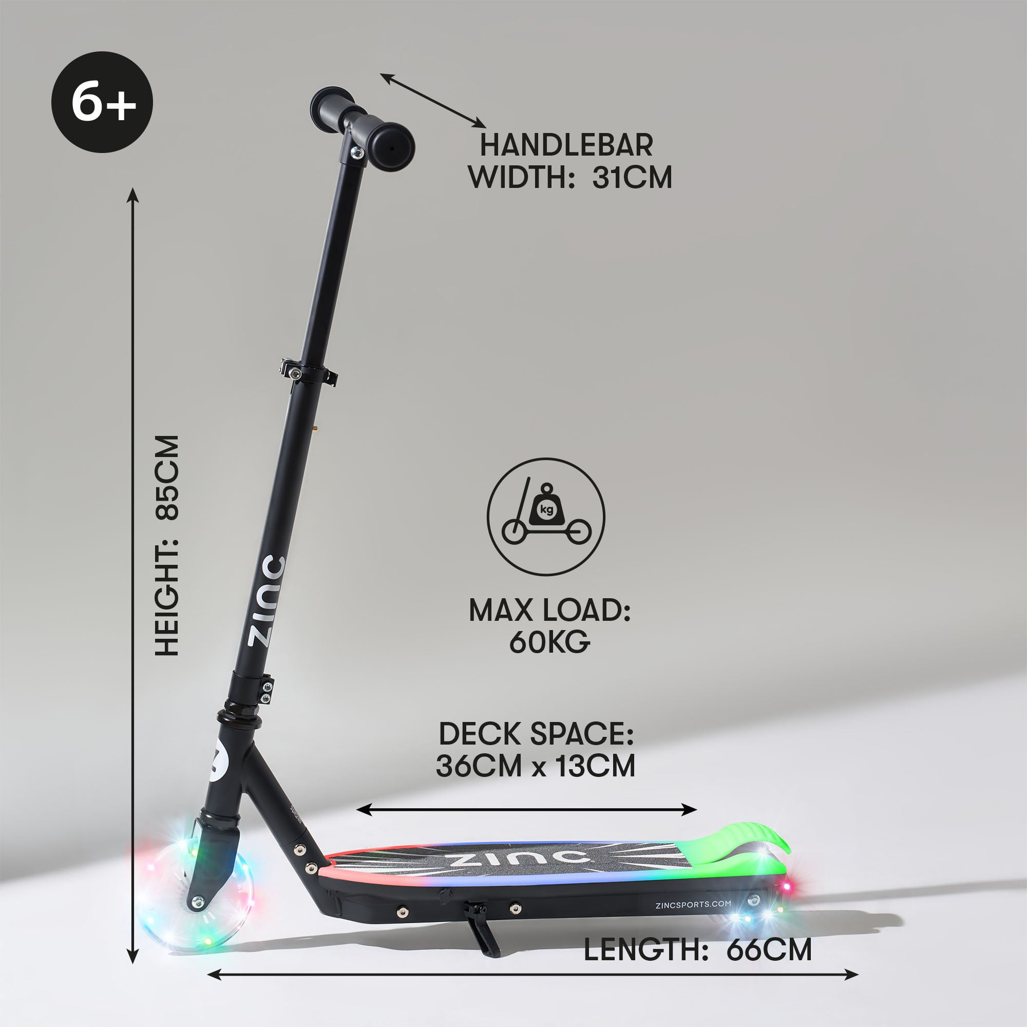 Zinc Spirit Kids Electric Scooter in black with illuminated LED deck and luminous front wheels
