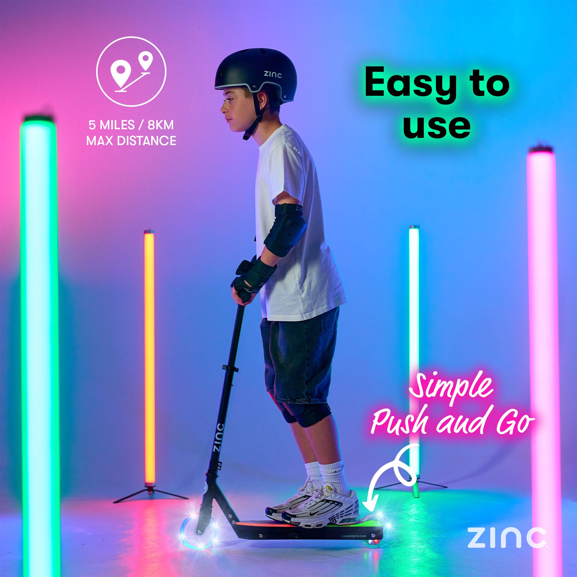 Electric scooter showing kick-to-start technology and battery-free luminous wheels