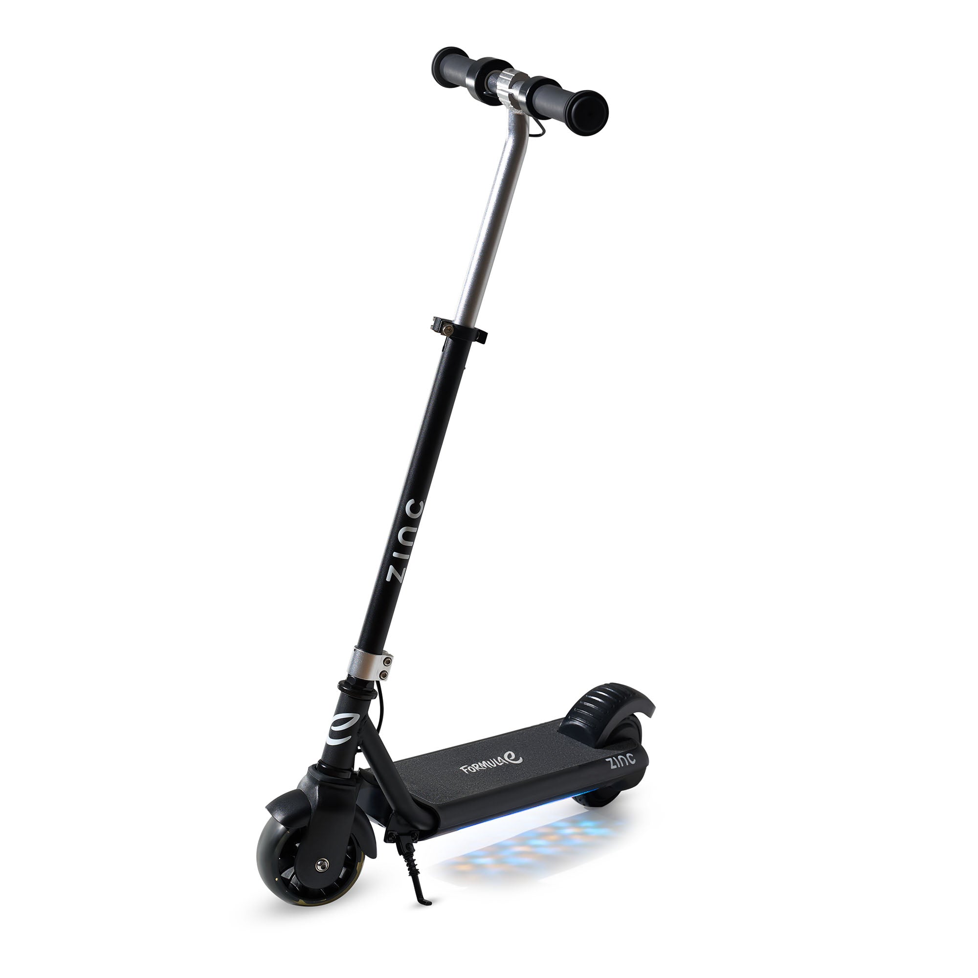 A black Zinc Formula E Scout Kids Electric Scooter with a light up deck and wireless speaker.