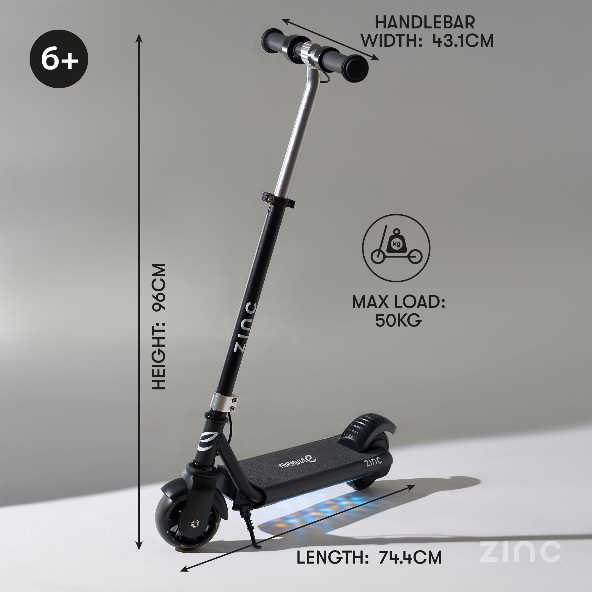 Formula E Scout electric scooter showing adjustable handlebar 76-86cm and lightweight aluminium deck design