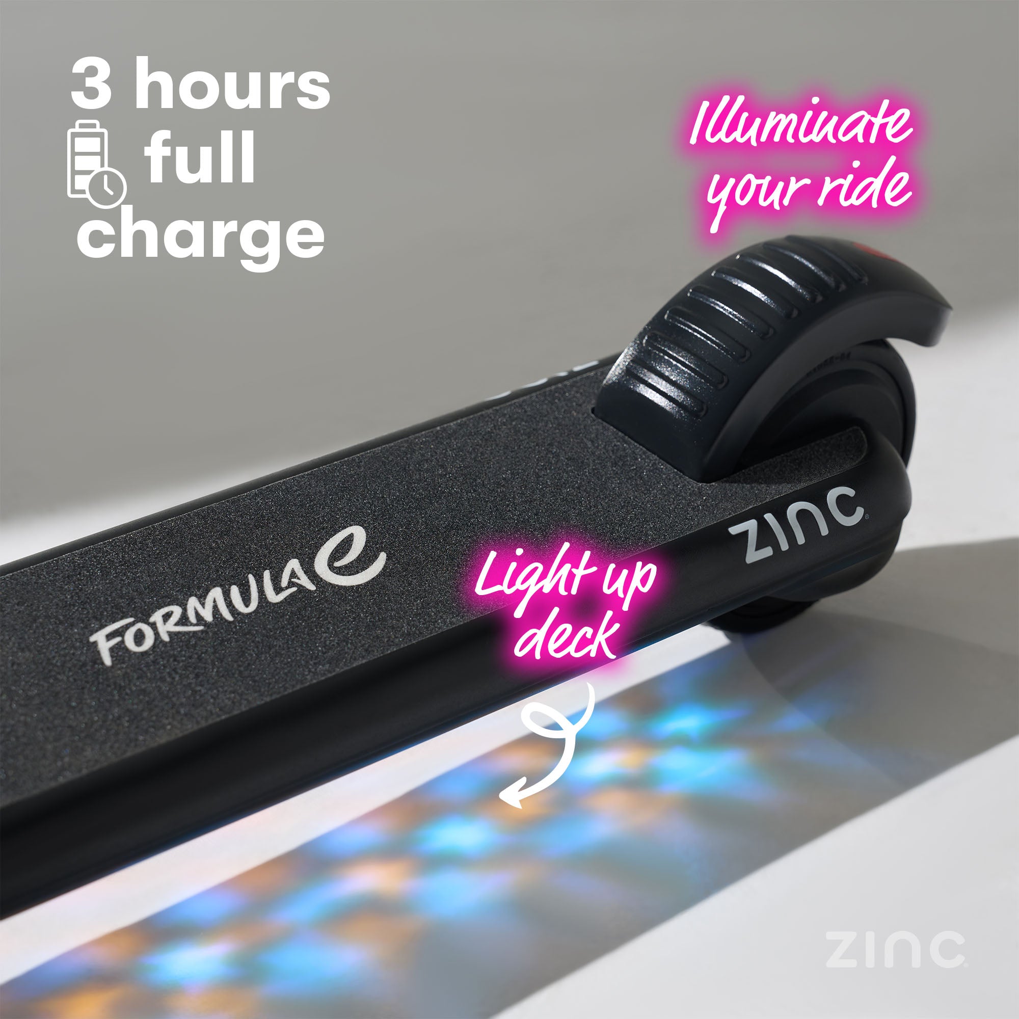 Electric scooter featuring LED neon deck lighting that synchronises with music via wireless speaker