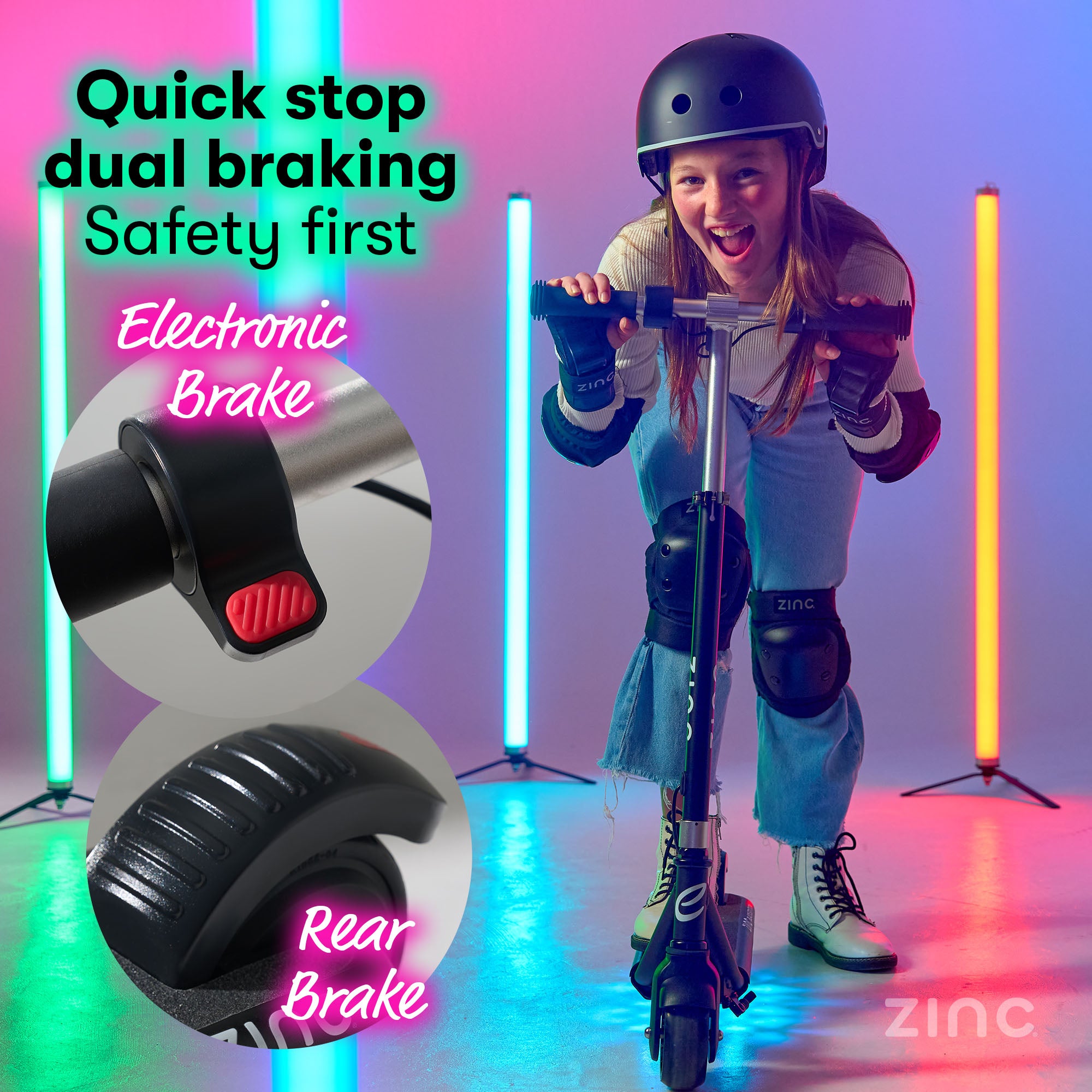 Formula E Scout showing dual brake system with thumb brake and rear fender brake for safe stopping