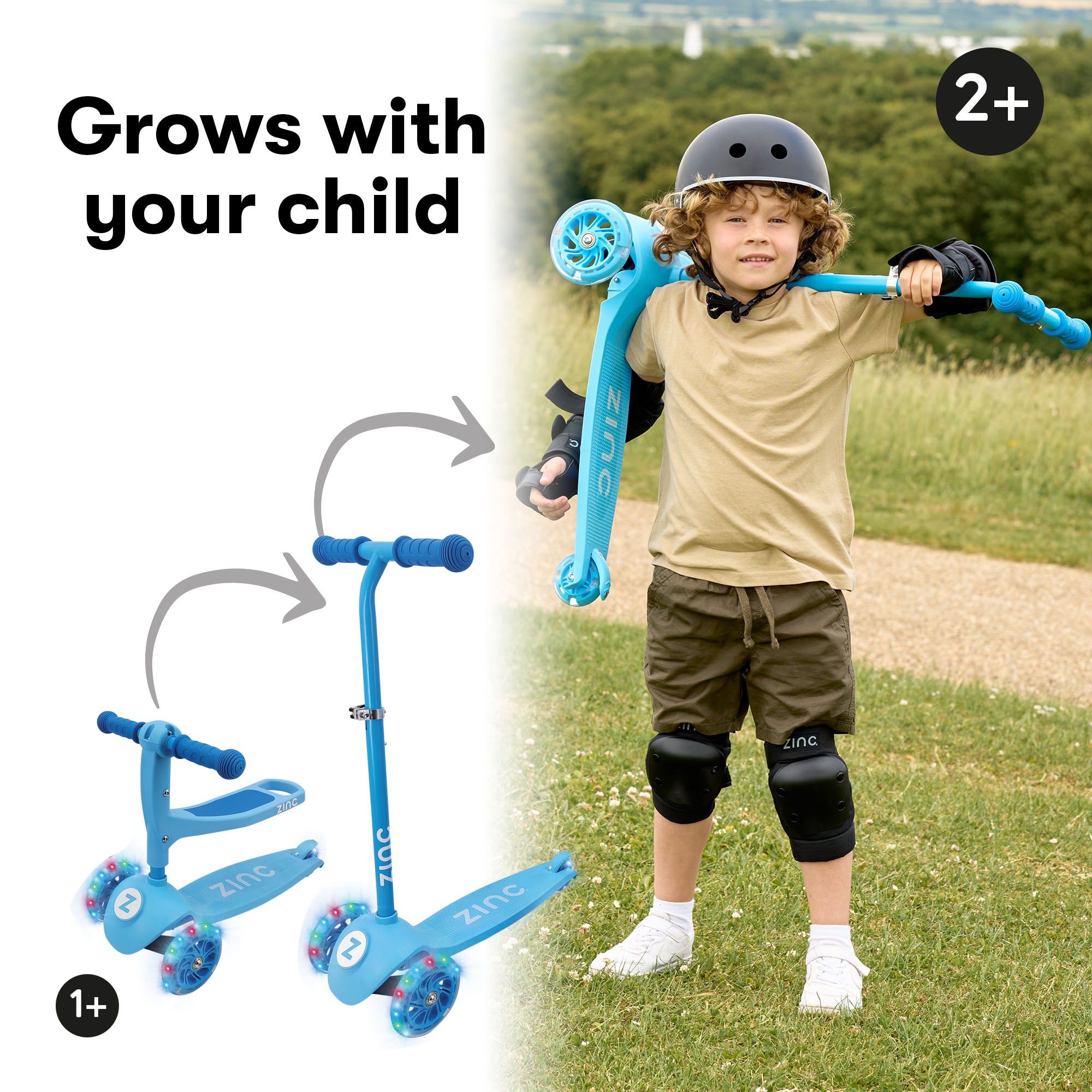 Zinc My First 3-in-1 Kids 3 Wheel Scooter Ride On Blue - close-up of deck platform and standing scooter mode