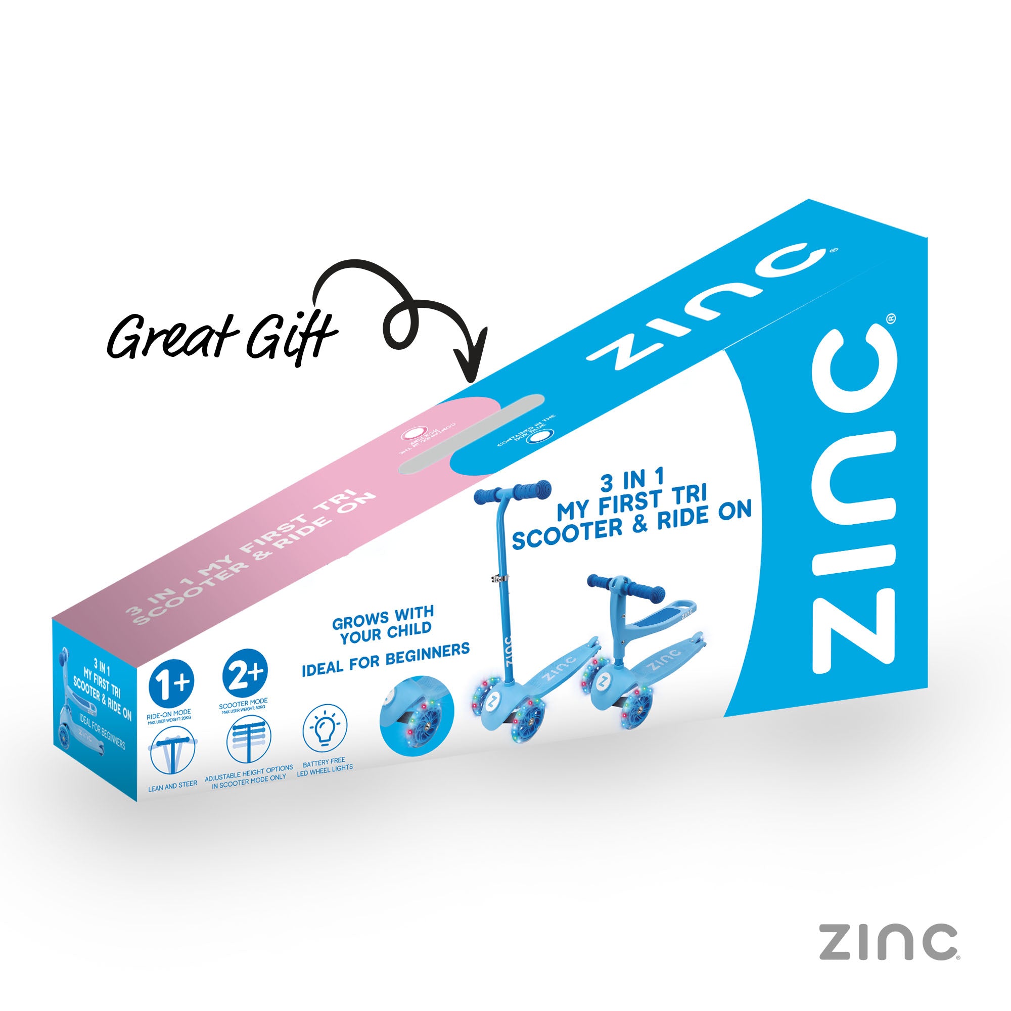 Zinc My First 3-in-1 Kids 3 Wheel Scooter Ride On product packaging showing box design and product information