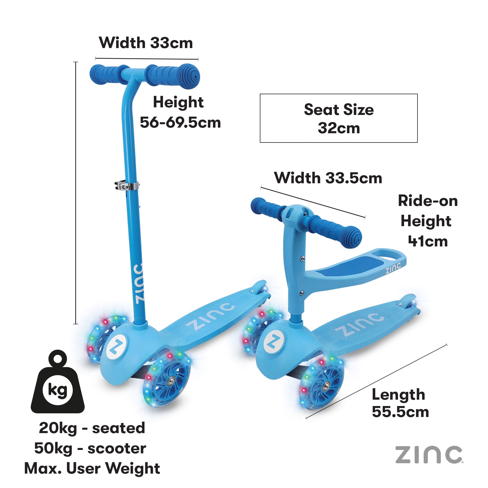 Zinc My First 3-in-1 Kids 3 Wheel Scooter Ride On Blue - angled view highlighting convertible 3-in-1 functionality