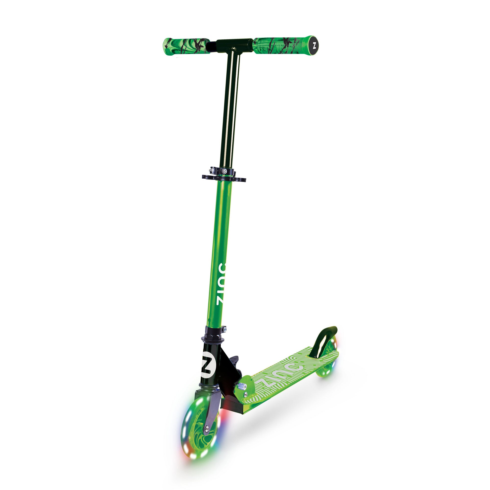Zinc Two Wheeled Folding Light Up Identity Scooter in green with battery-free light up wheels and 1.86kg weight