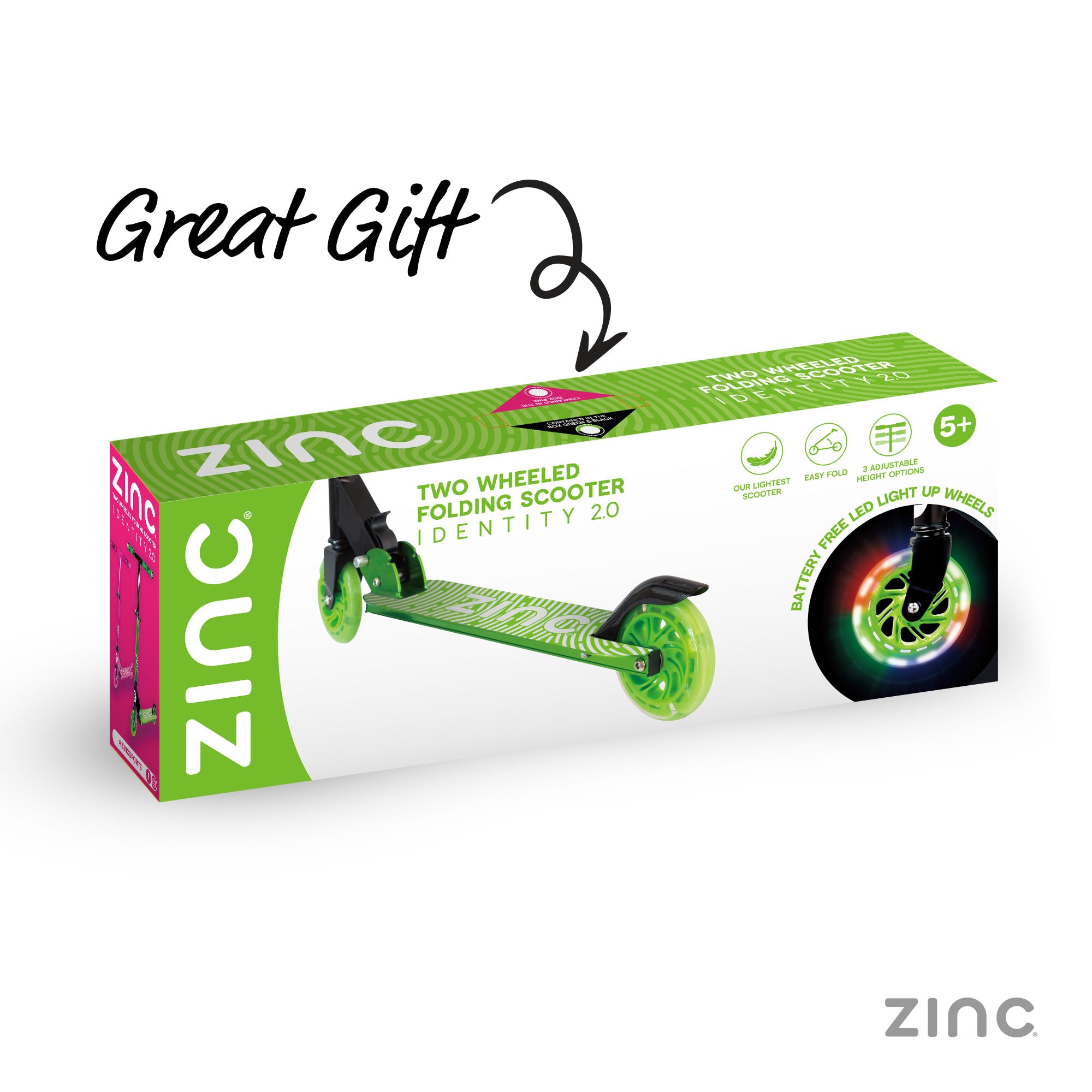 No assembly required green folding scooter ready to ride straight from the box with light up features