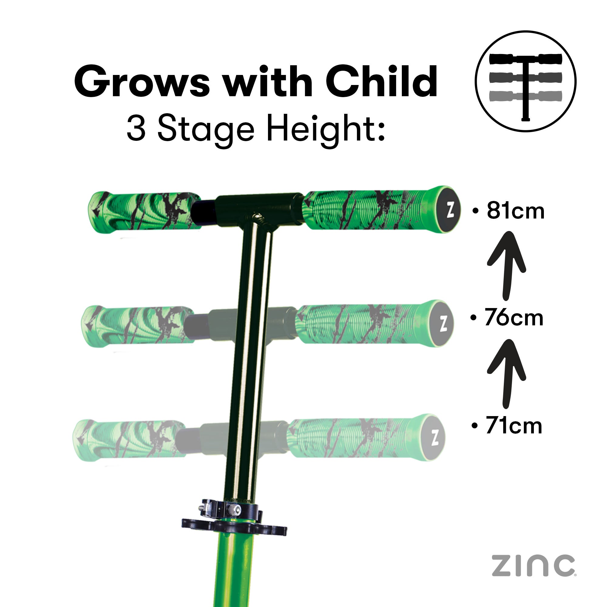 Adjustable height mechanism on Green Identity scooter with 71cm, 76cm, and 81cm options