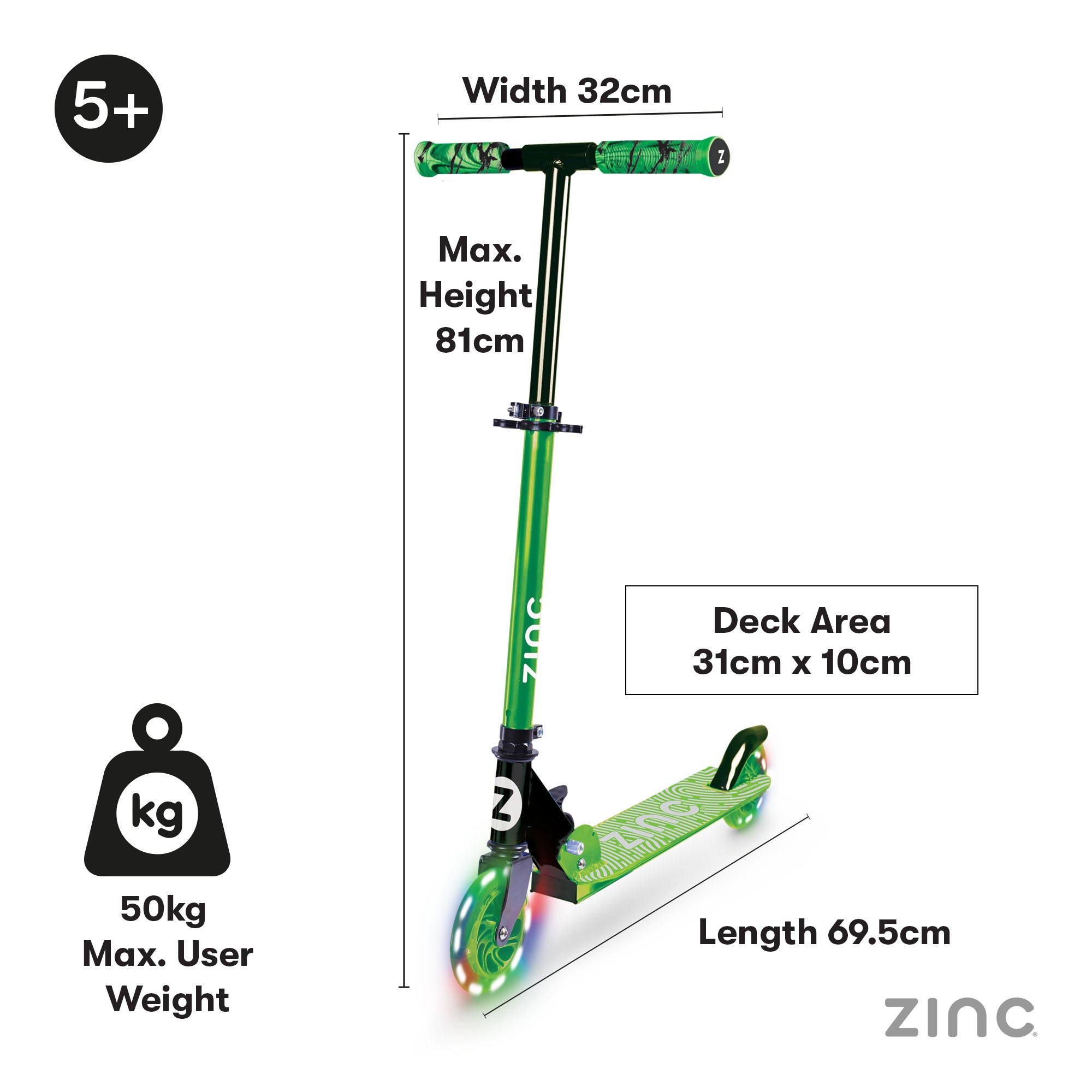 Complete view of lightweight folding scooter with all safety features and light up wheel technology