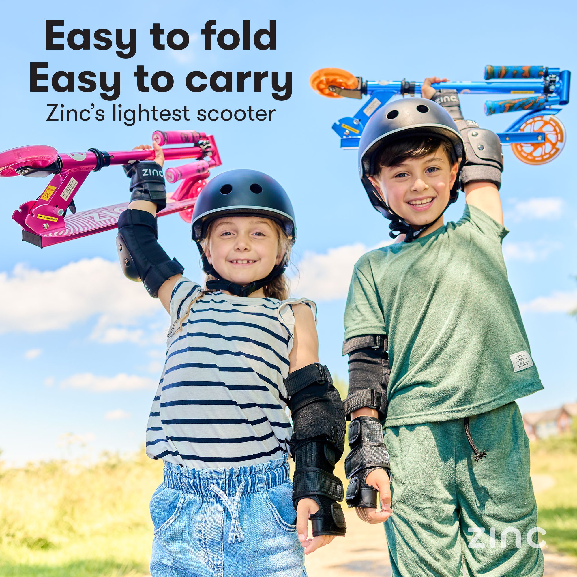 Kids effortlessly carrying folding scooters showing Zinc's lightest scooter at just 1.86kg weight