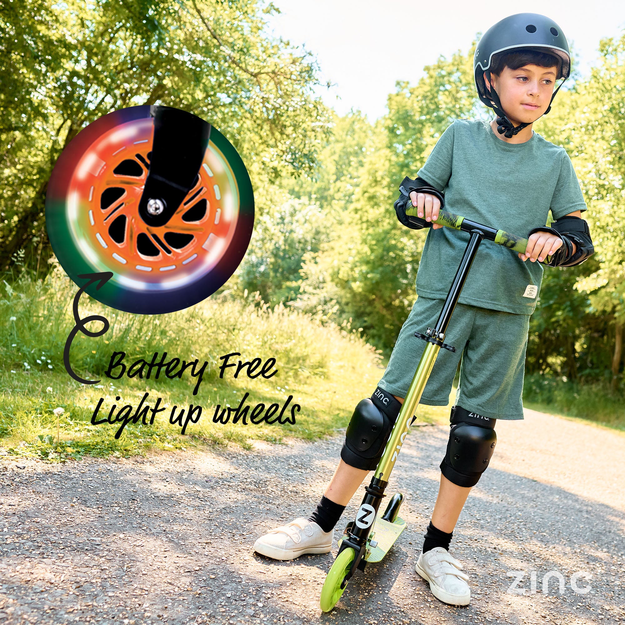 Zinc Identity scooter battery-free light up wheels illuminating while riding with no batteries or charging required