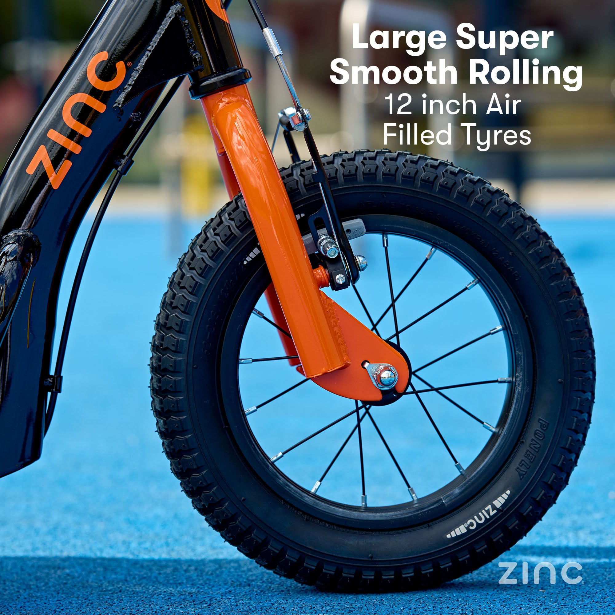 Zinc Radikal 12 Inch BMX Scooter Wheels Close-up - Large Diameter Wheels with Precision Bearings