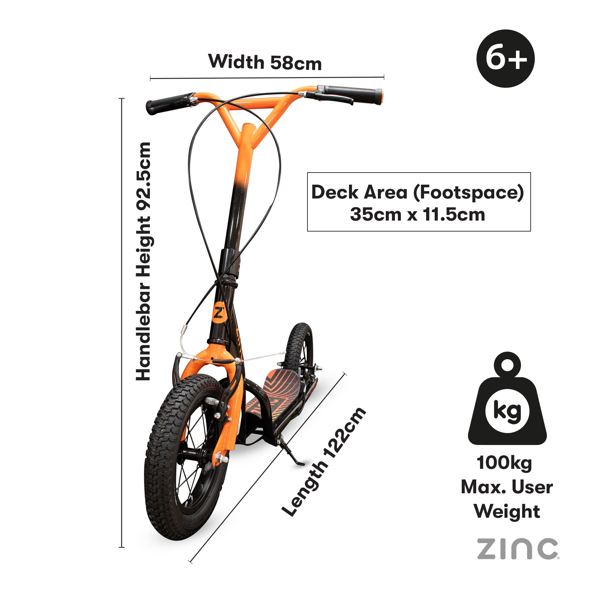 Orange Zinc Radikal 12 inch BMX scooter specifications showing 8.8kg weight and adjustable handlebar height 83-91cm