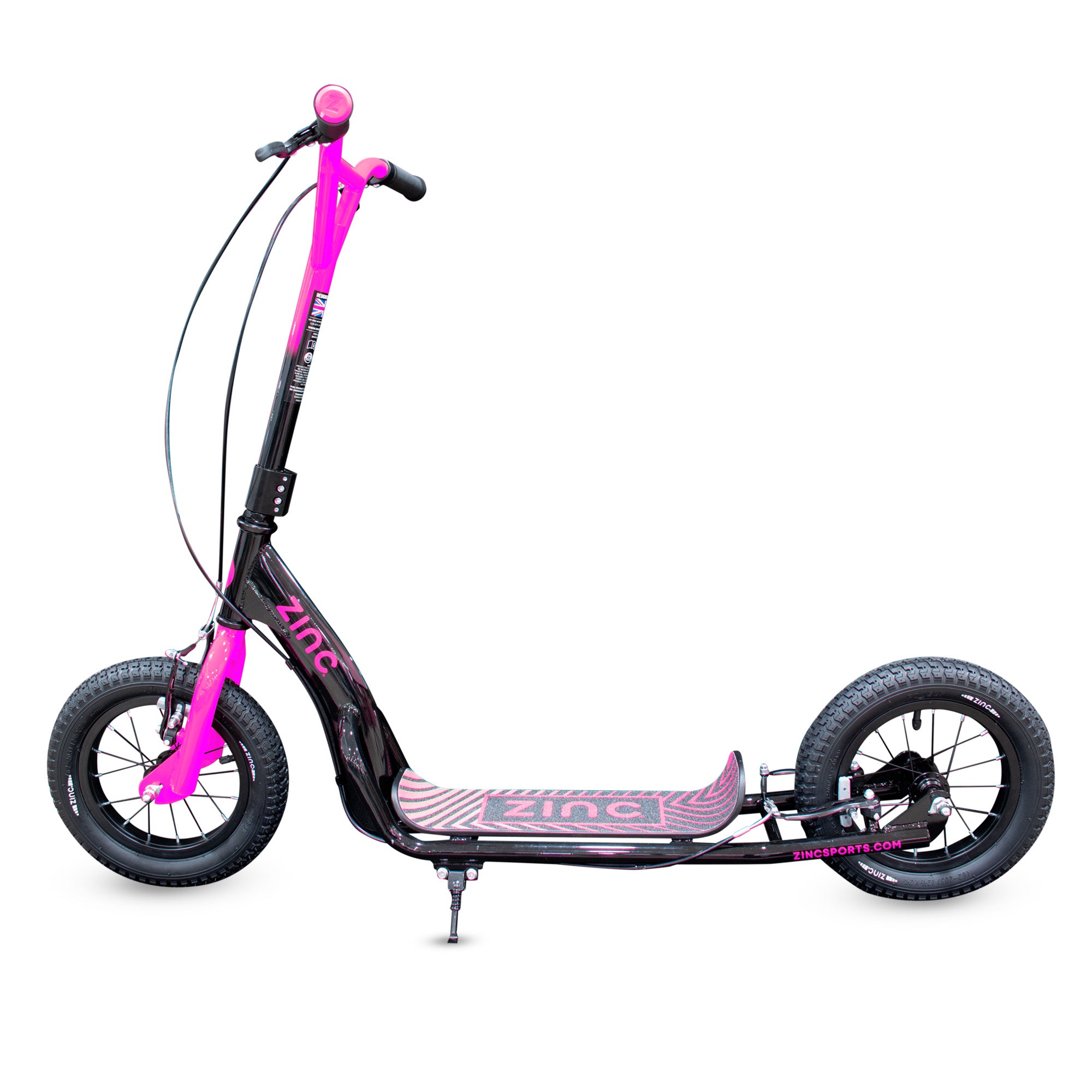 Side view of BMX Radikal scooter in Pink. Highlighting wide deck and big wheels.