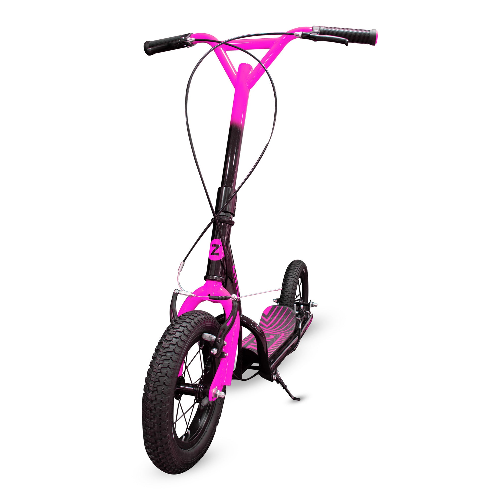 Pink and black scooter on a white background