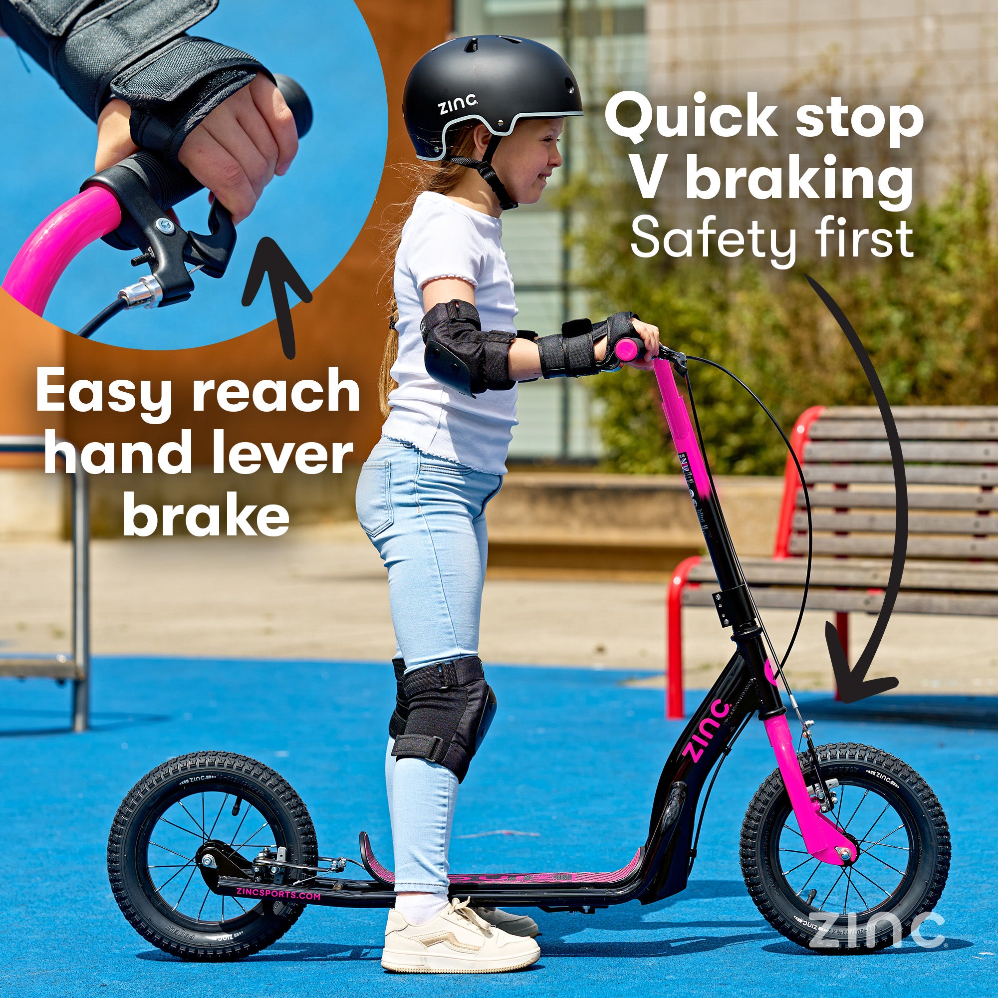 Child on a pink and black scooter with safety gear, featuring text about braking systems.