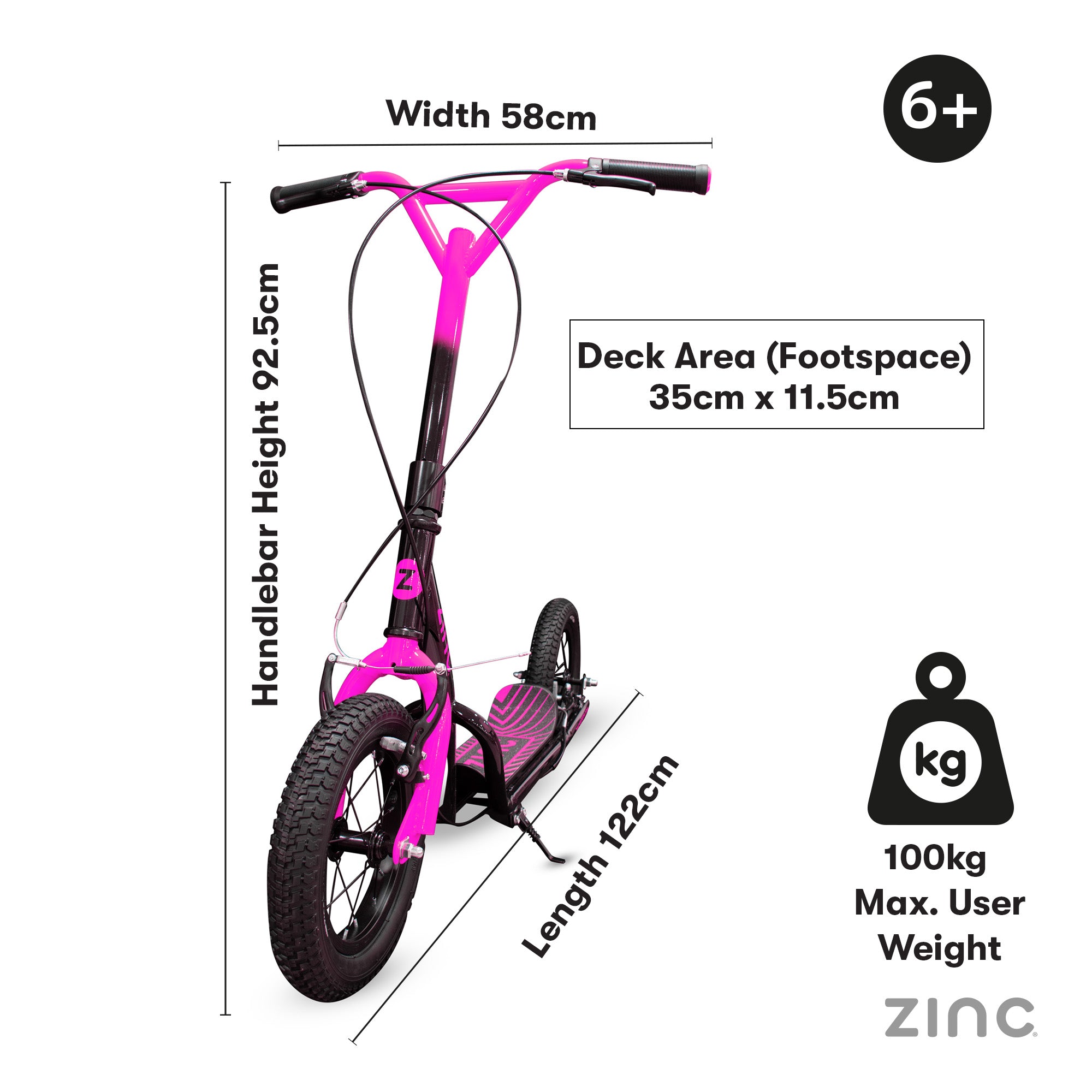 Measurement chart of a scooter with specifications including width, handlebar height, deck area, length, and maximum user weight.