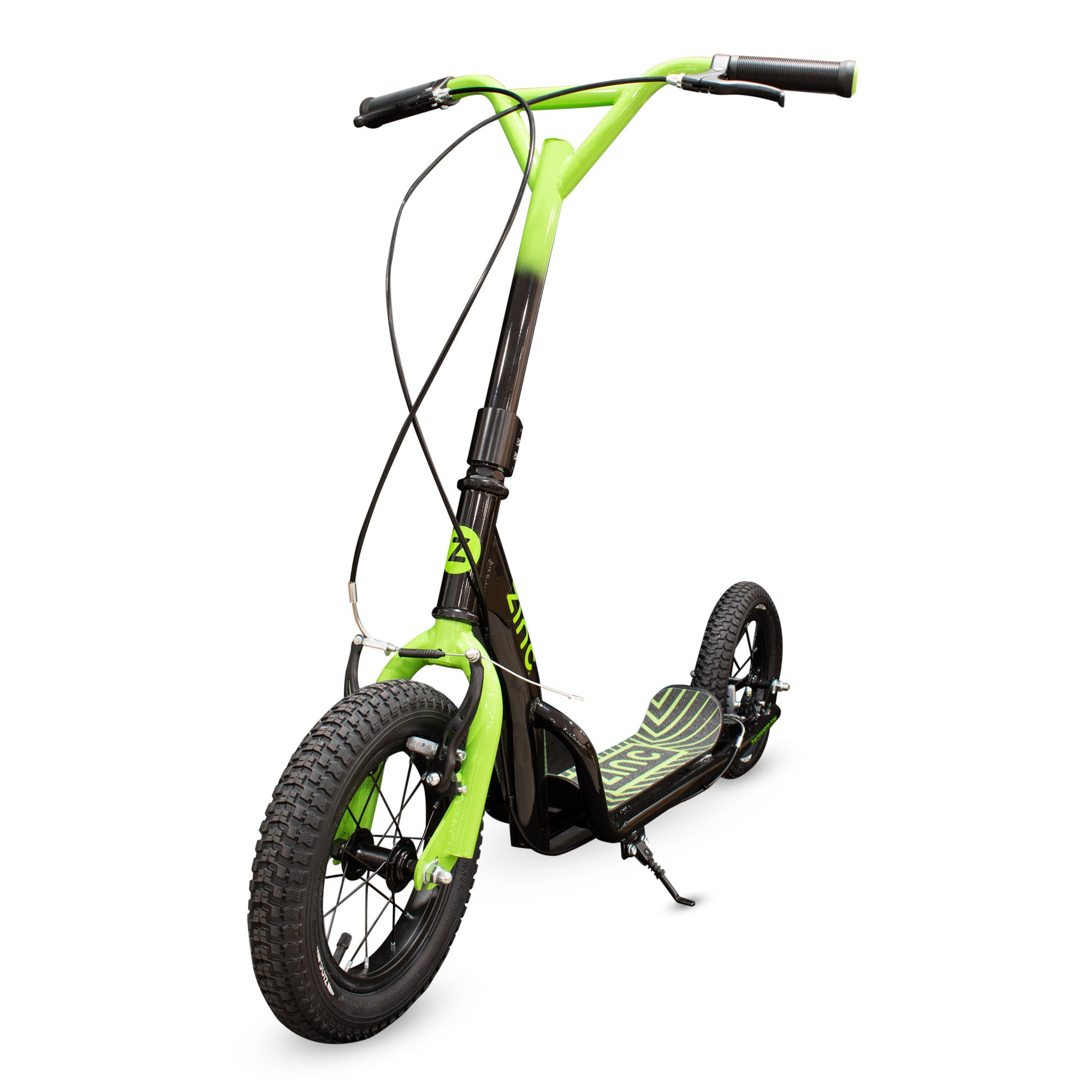 A green and black Zinc Radikal 12 Inch Big Wheel BMX Scooter with large spoked front and rear wheels, freestyle handlebar, and a steel frame.