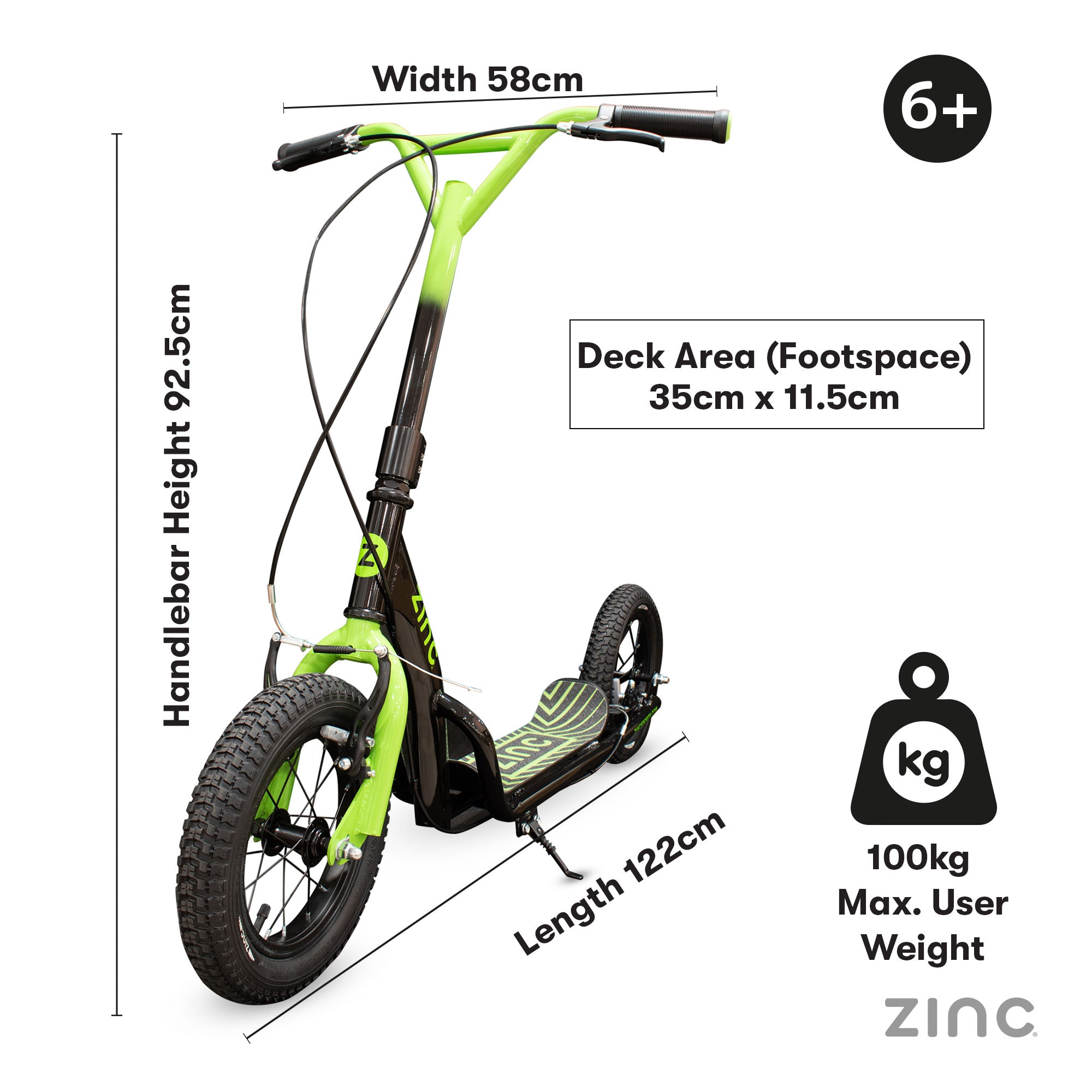 Green Zinc Radikal 12 inch BMX scooter specifications showing 8.8kg weight and adjustable handlebar height 83-91cm
