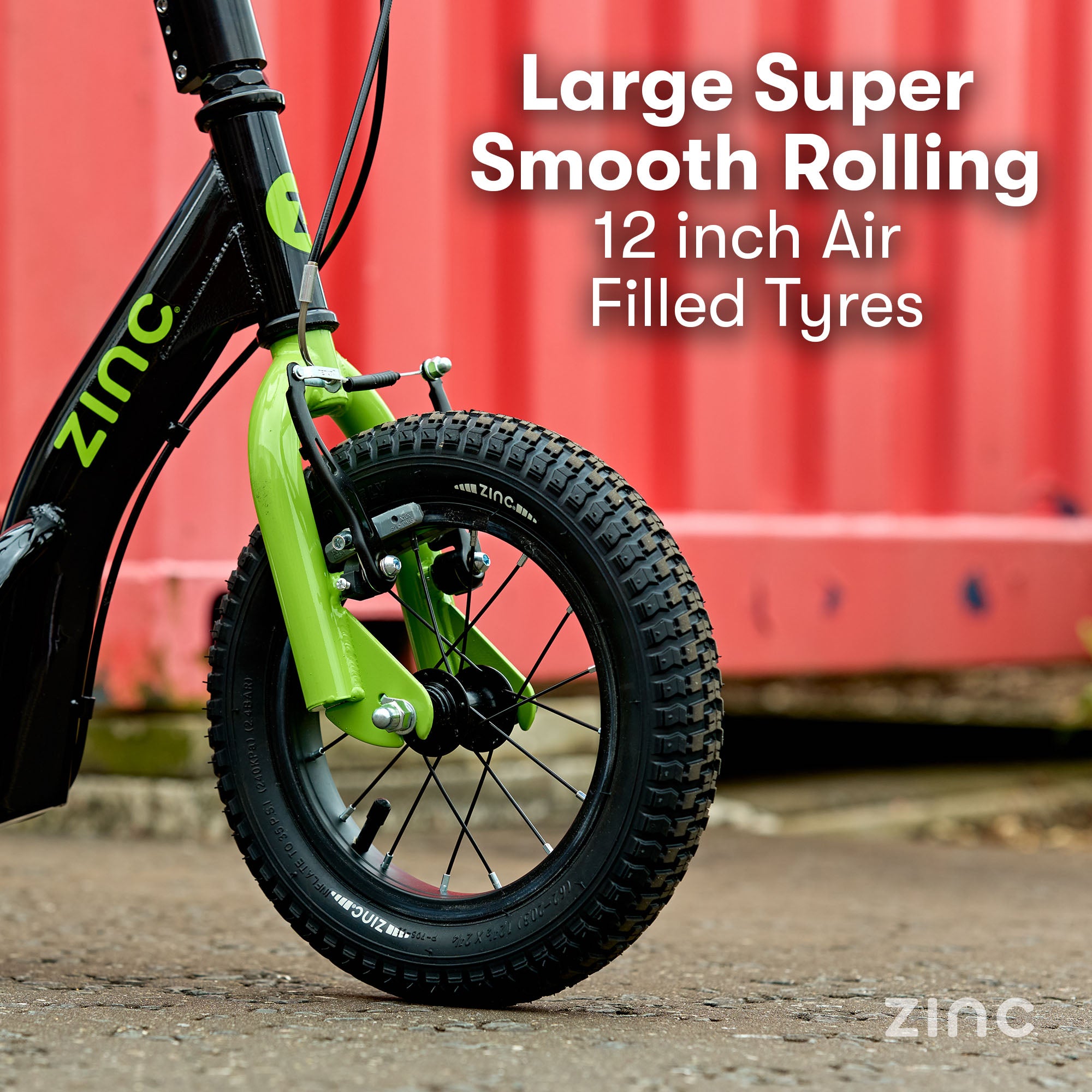 Close-up view of Zinc Radikal 12 inch big wheel featuring spoked design and specialised tyres for off-road grip