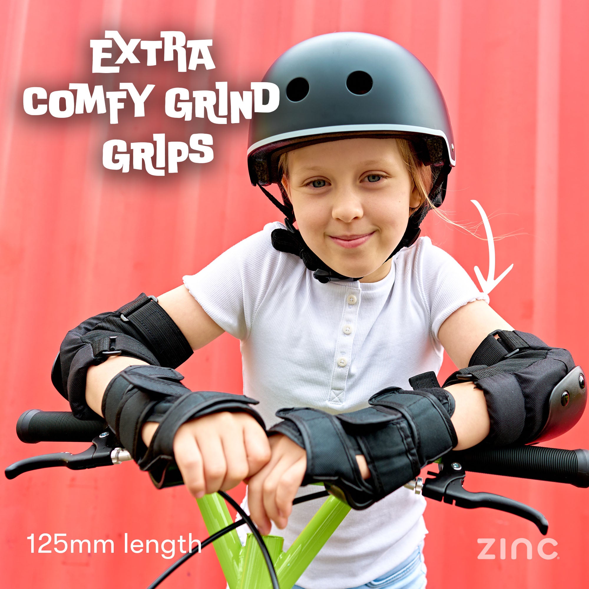 Girl leaning on Zinc Radikal BMX scooter handlebars showcasing soft grip handles for comfort