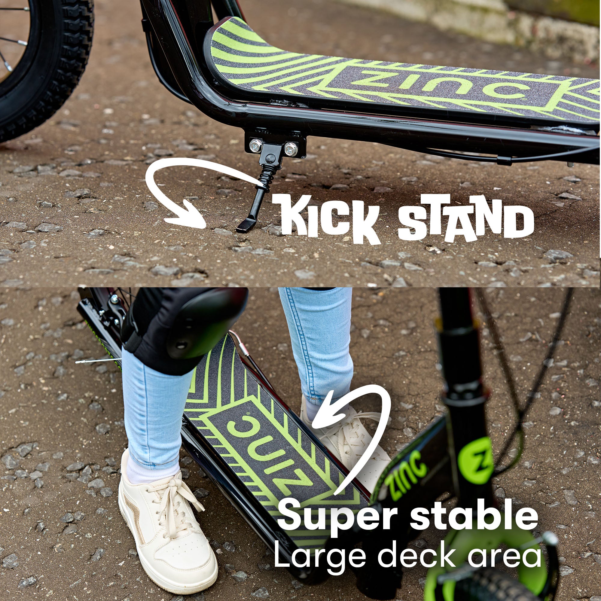 Zinc Radikal BMX Scooter Deck Detail Black Green - Wide Non-slip Platform for Stability
