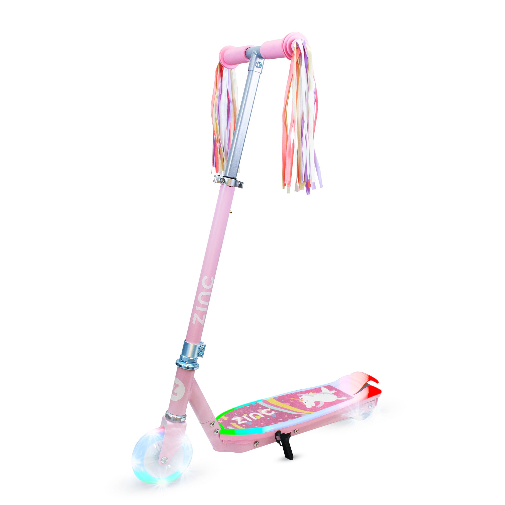 Zinc Spirit Kids Electric Scooter in unicorn design with magical LED deck lighting and luminous wheels