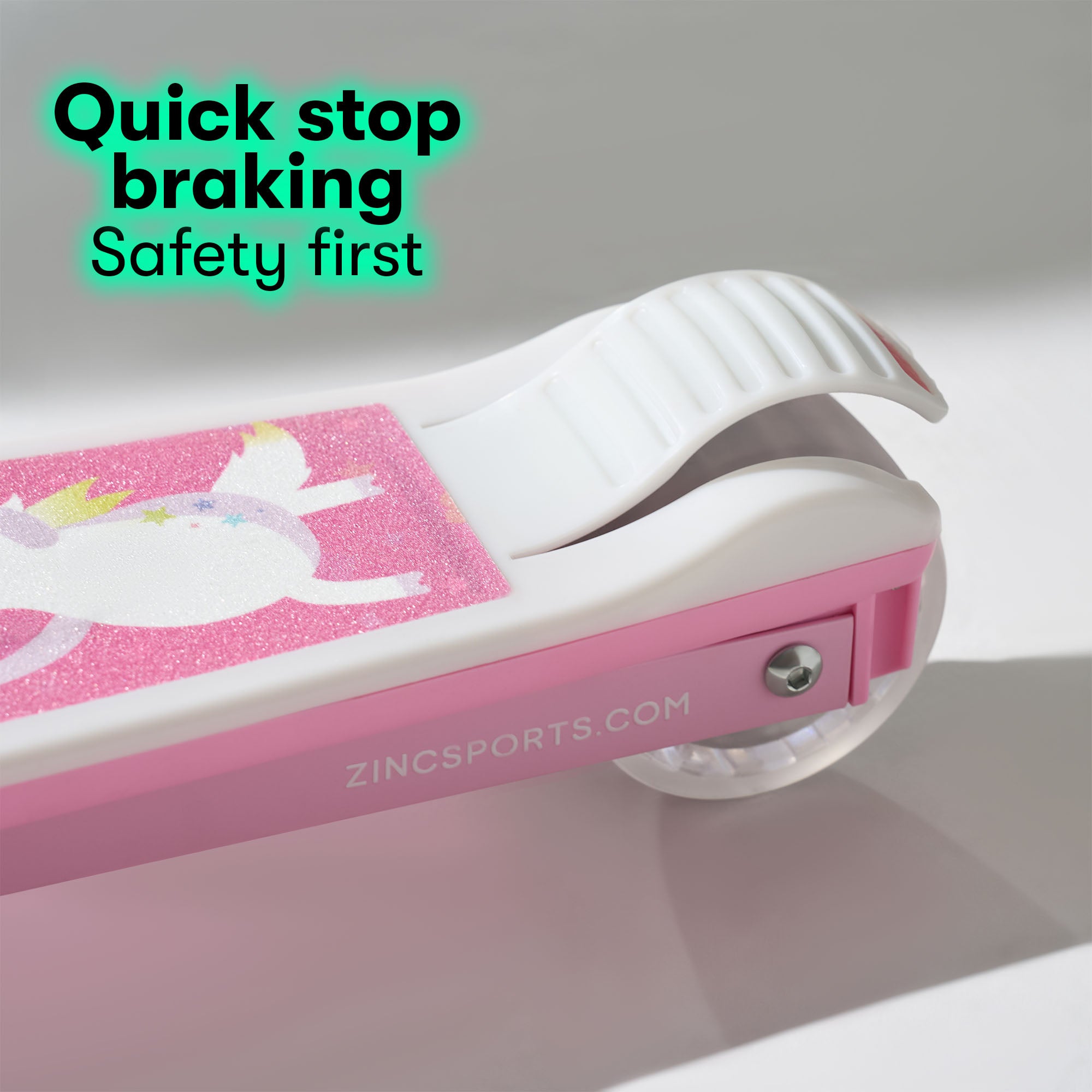 Unicorn-themed electric scooter for kids featuring quick stop braking and key safety features