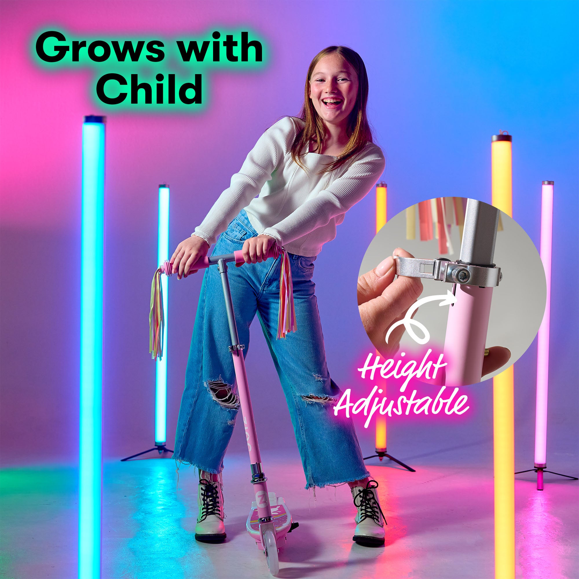 Unicorn-themed electric scooter for kids featuring enchanting design with adjustable height