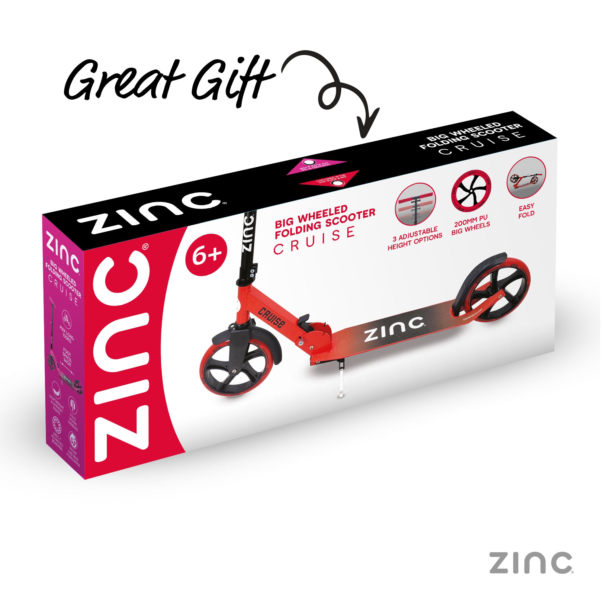 ZINC Cruise scooter packaging in red on a white background