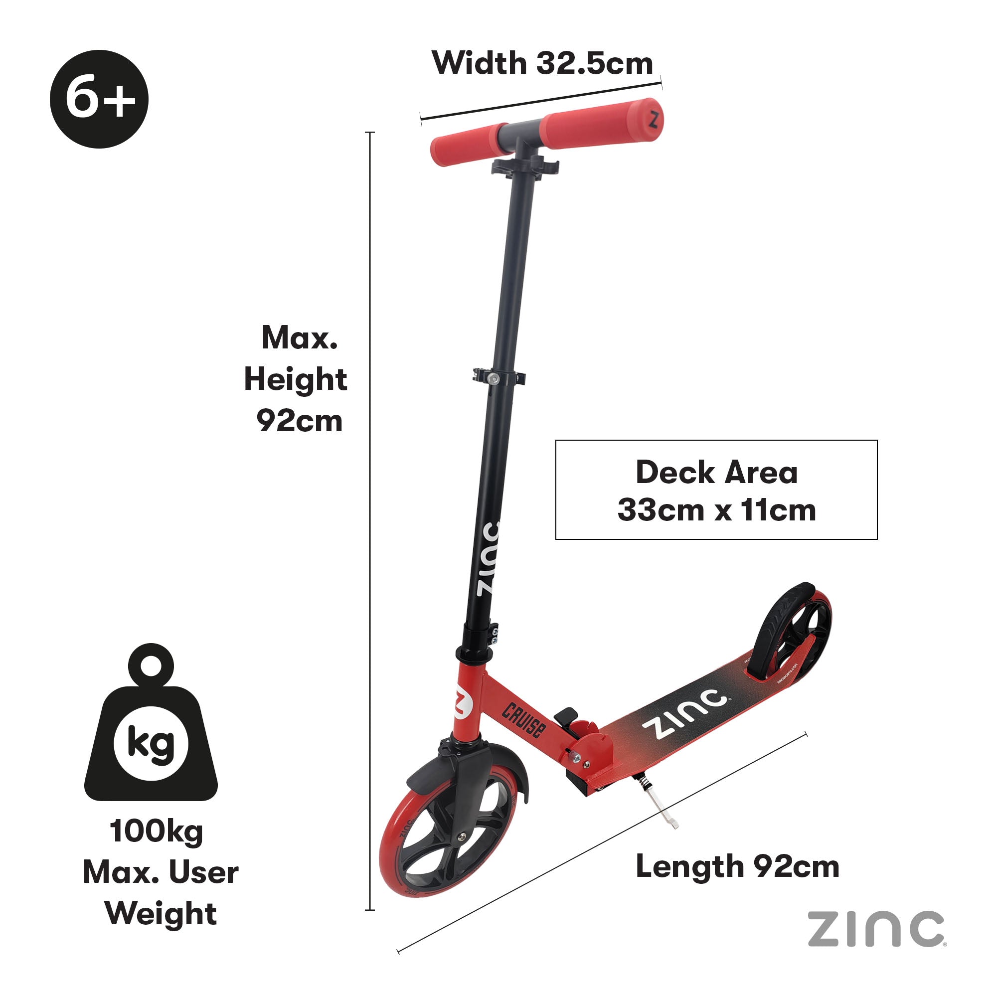 Zinc Cruise Big Wheeled Folding Scooter Red Black - Large 8 Inch Wheels Foldable Adult Scooter