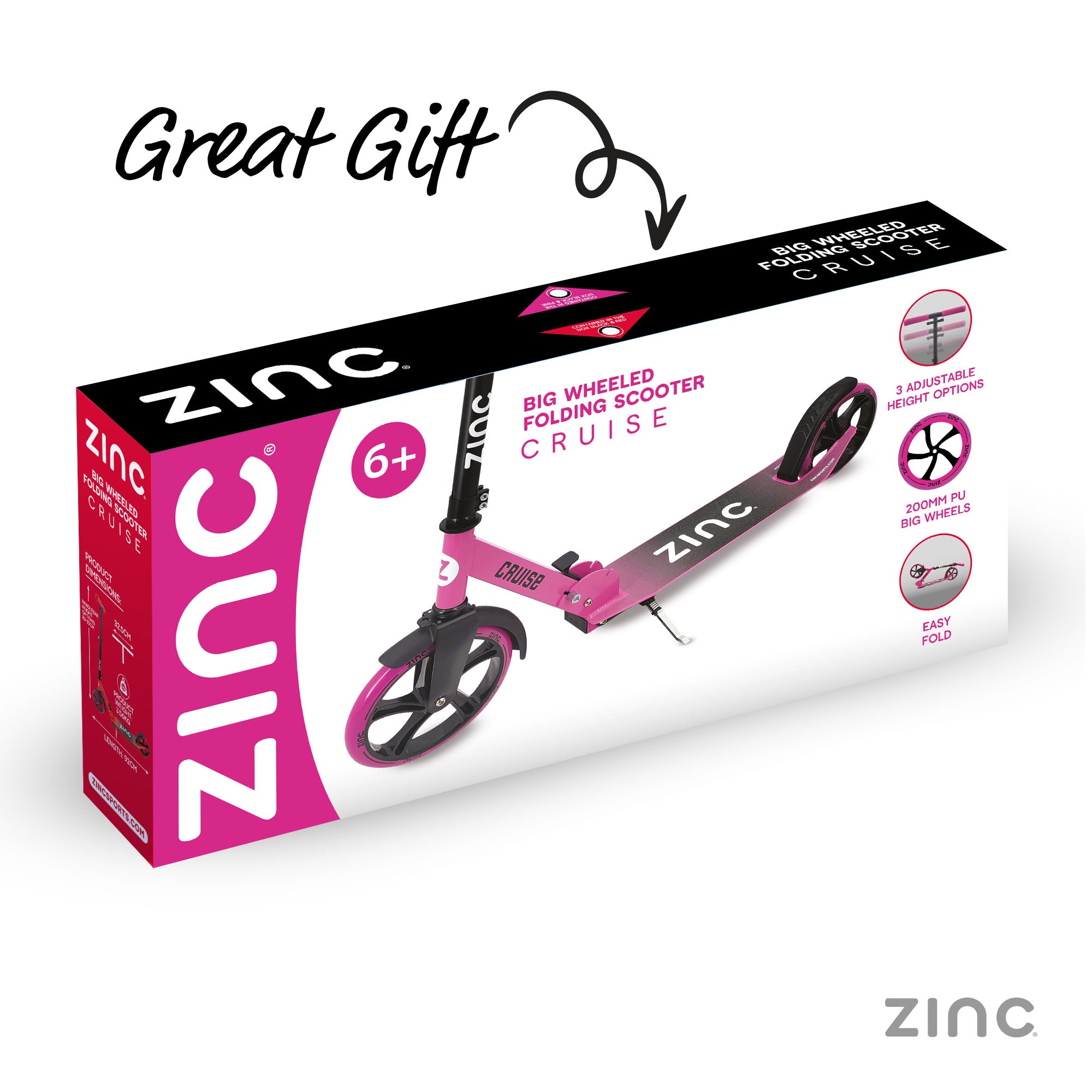 Zinc Cruise big wheel scooter packaging in pink with white background. Great gift.