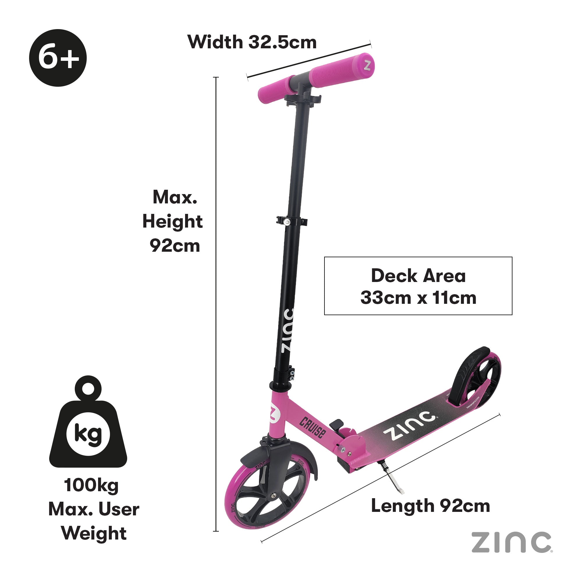 Zinc Cruise Big Wheeled Folding Scooter Pink Black - 200mm Wheels Adult Kick Scooter with Adjustable Height