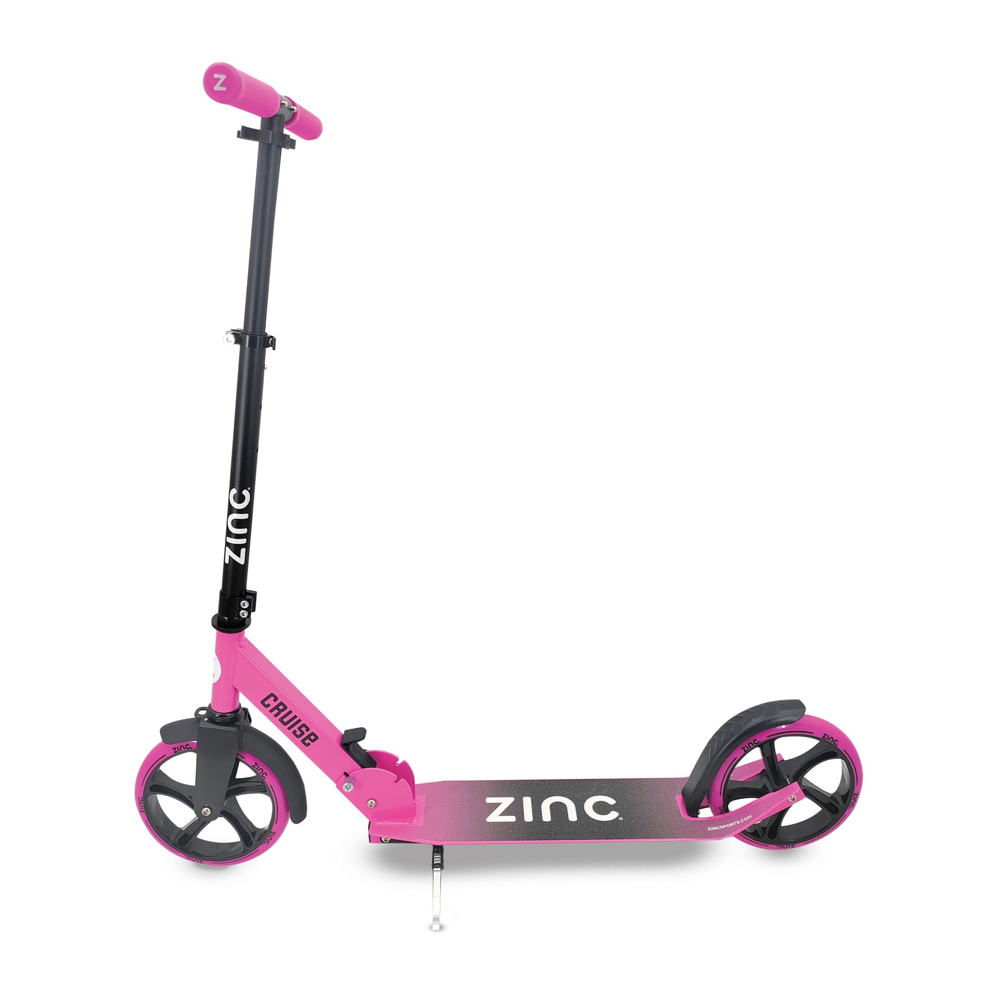 A pink and black Zinc Cruise Big Wheeled Folding Scooter with two large wheels and a kickstand, designed for children.