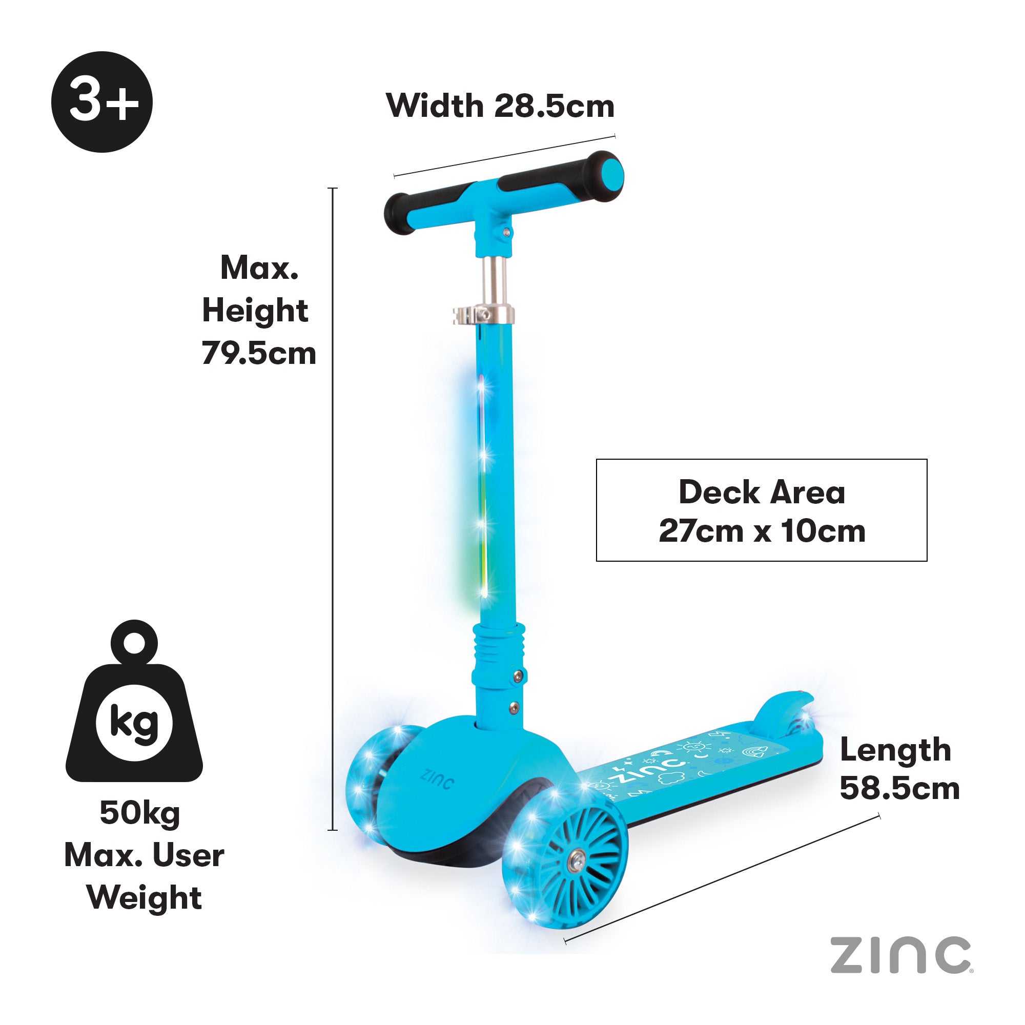 Zinc T-Motion Shine scooter in blue with weight limit and measurement information