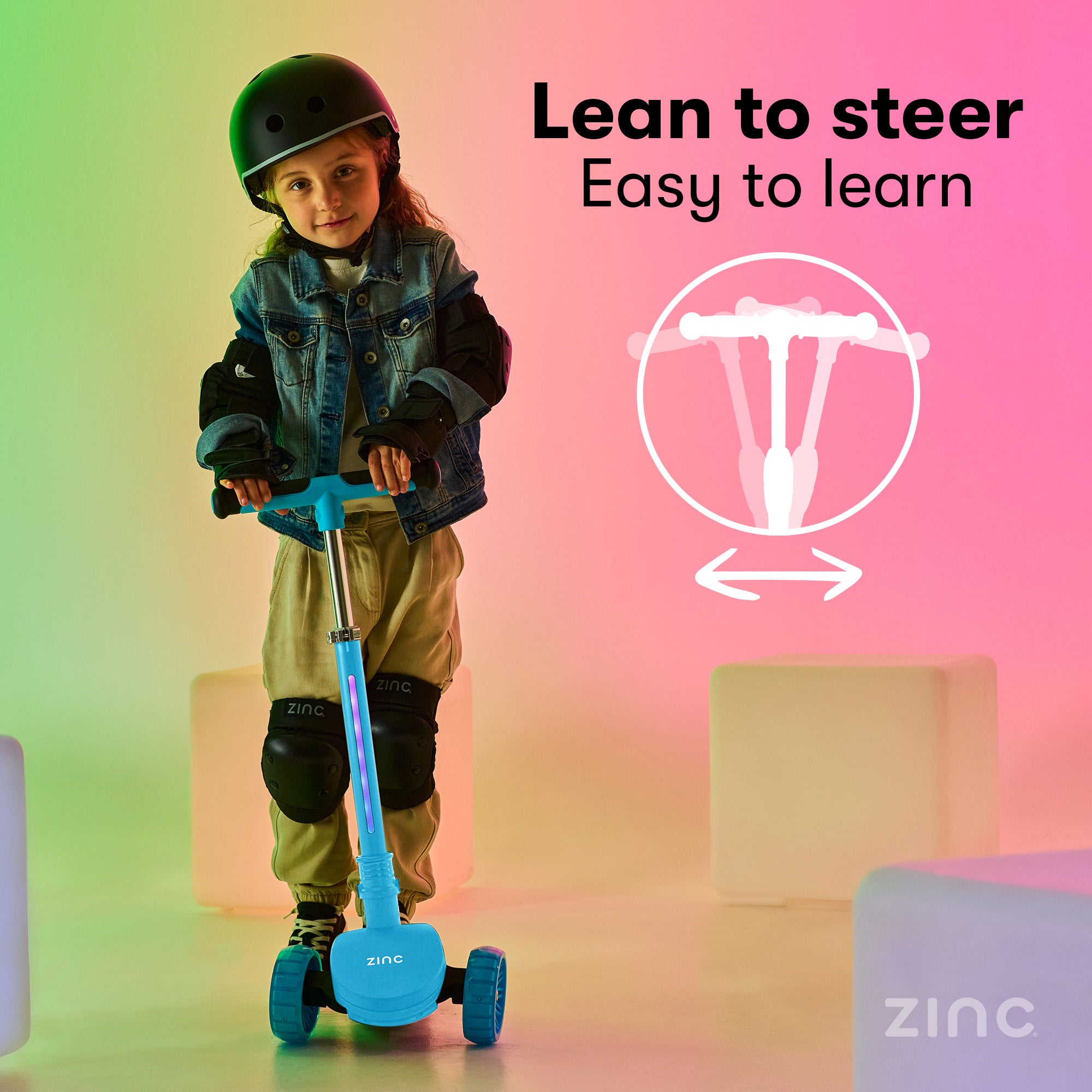 Zinc T-Motion Shine scooter blue lean to steer easy to learn scooter