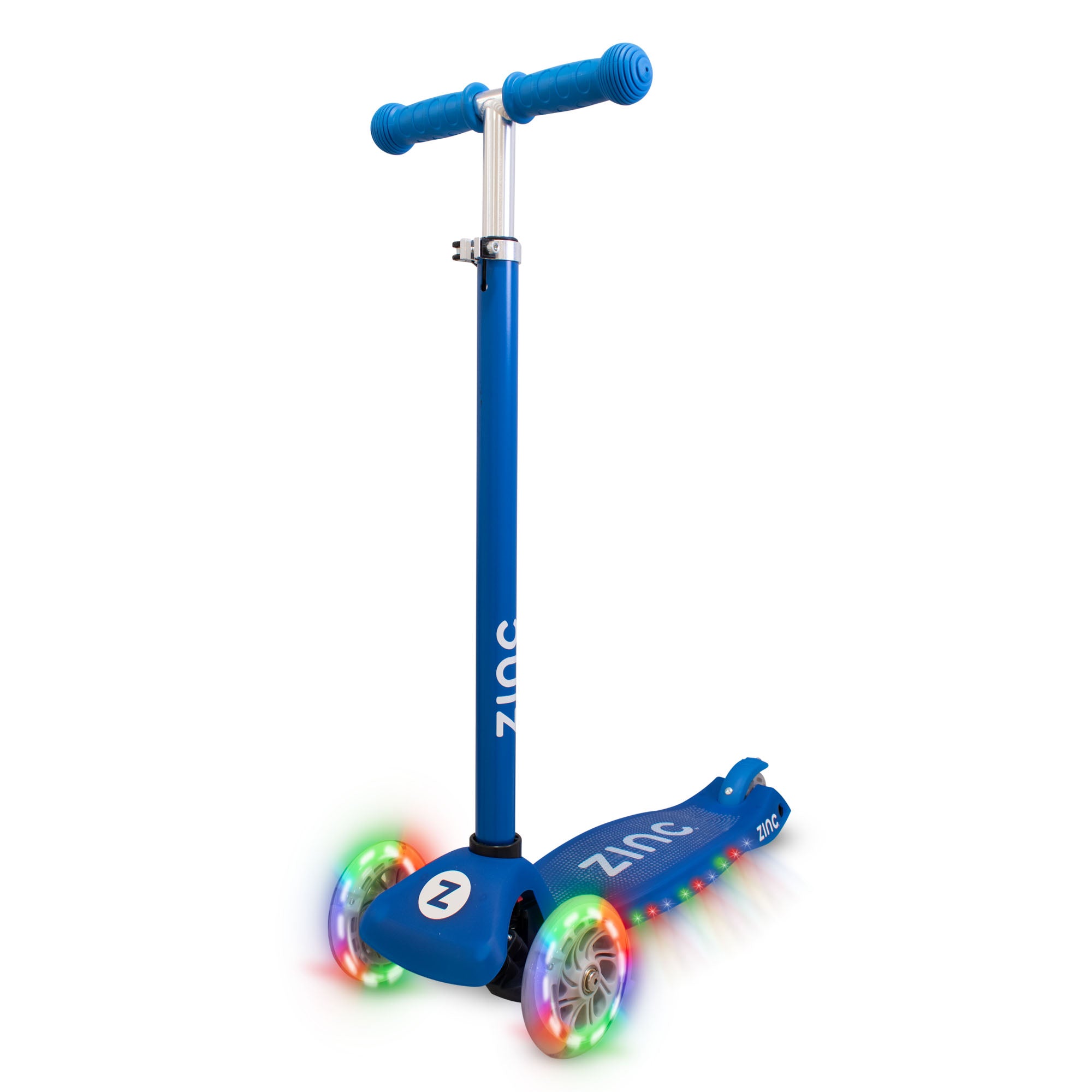 A blue three-wheeled Zinc Superstar non-folding scooter with light up wheels, designed for children.