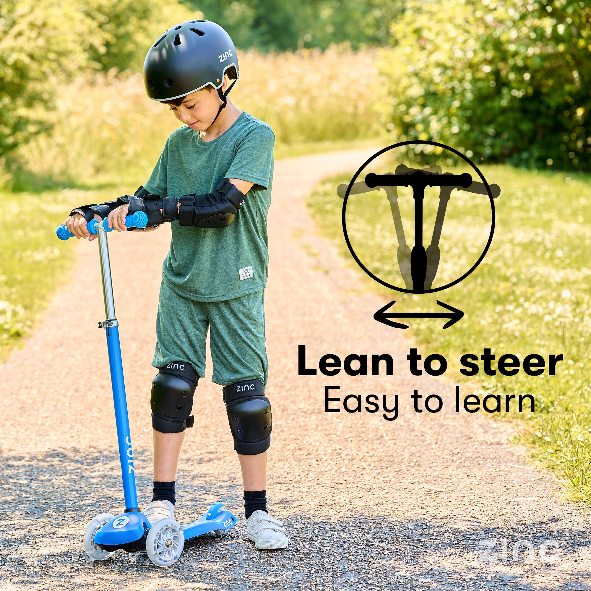 A blue three-wheeled Zinc Superstar non-folding scooter showing lean to steer design