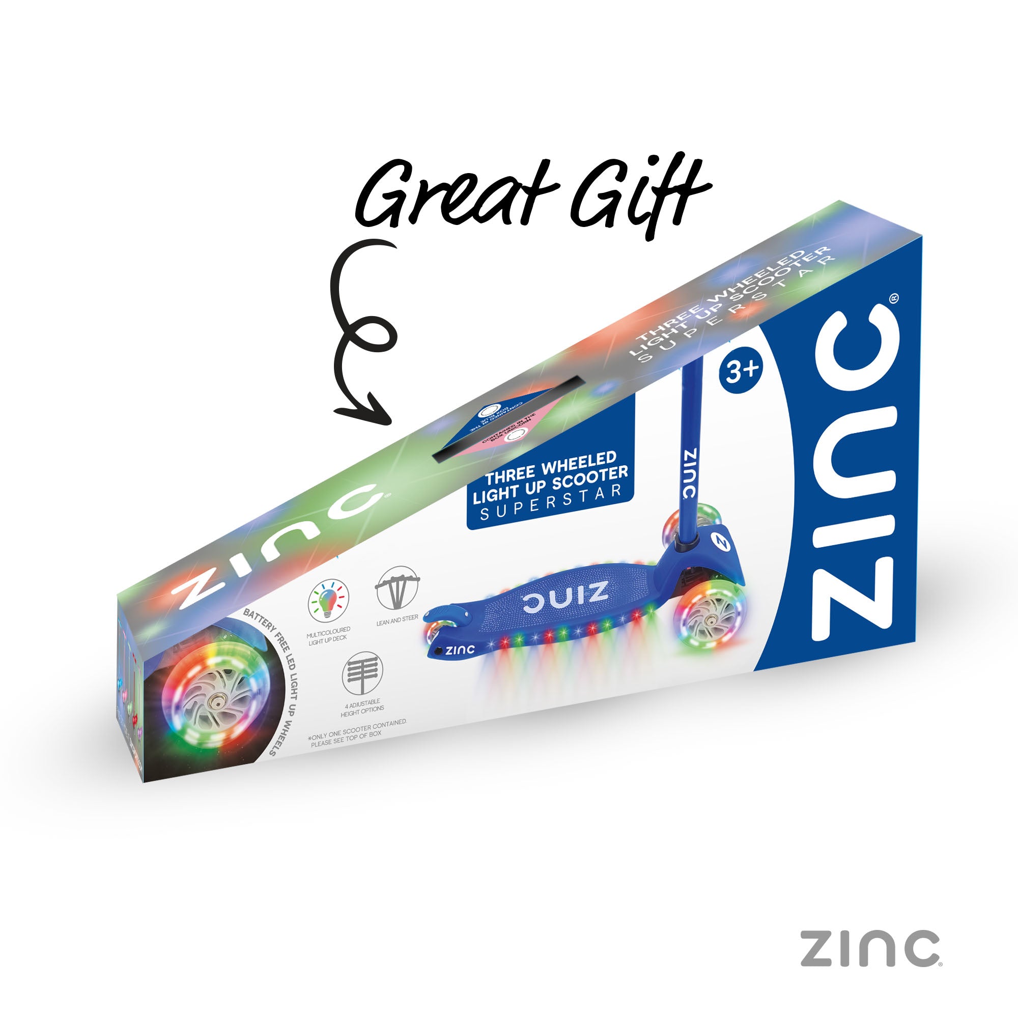 Packaging for the three-wheeled Zinc Superstar non-folding scooter. Great gift for kids