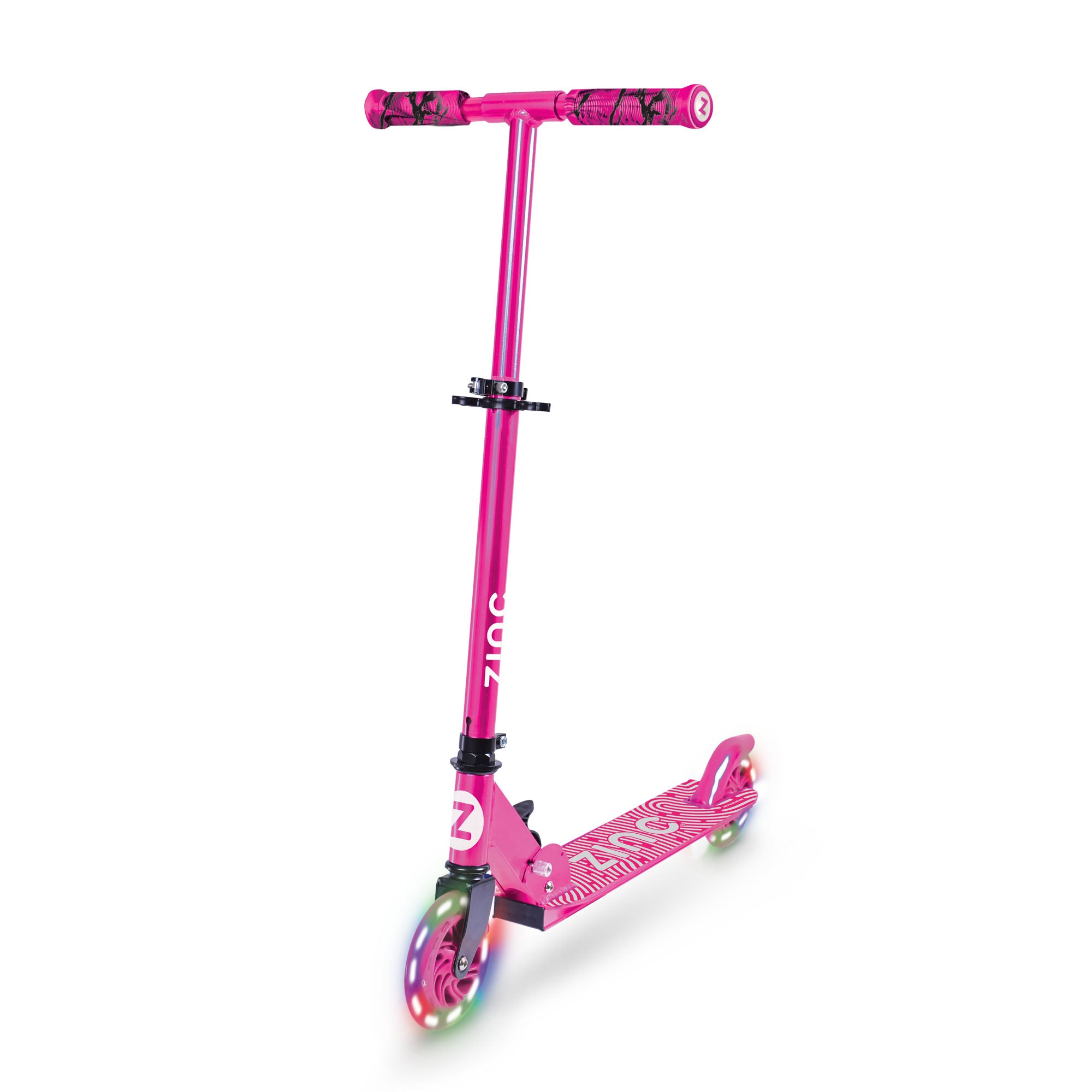 Zinc Two Wheeled Folding Light Up Identity Scooter in pink with battery-free illuminated wheels