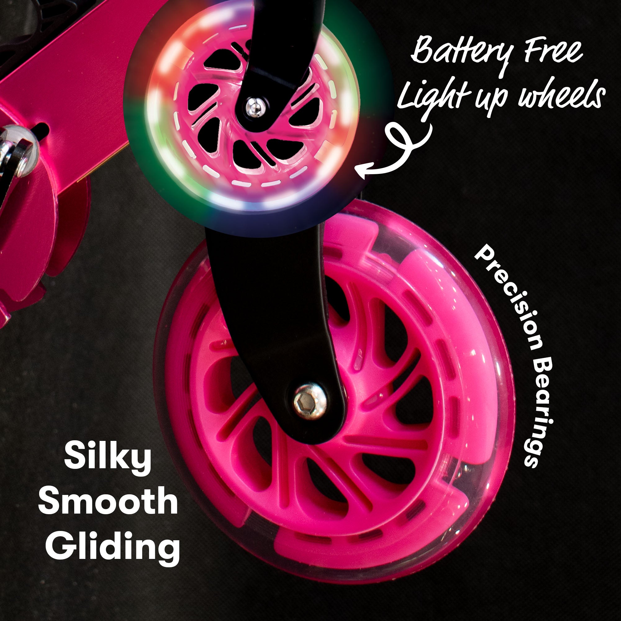 Battery-free light up wheels on Identity scooter providing fun illumination effects while riding