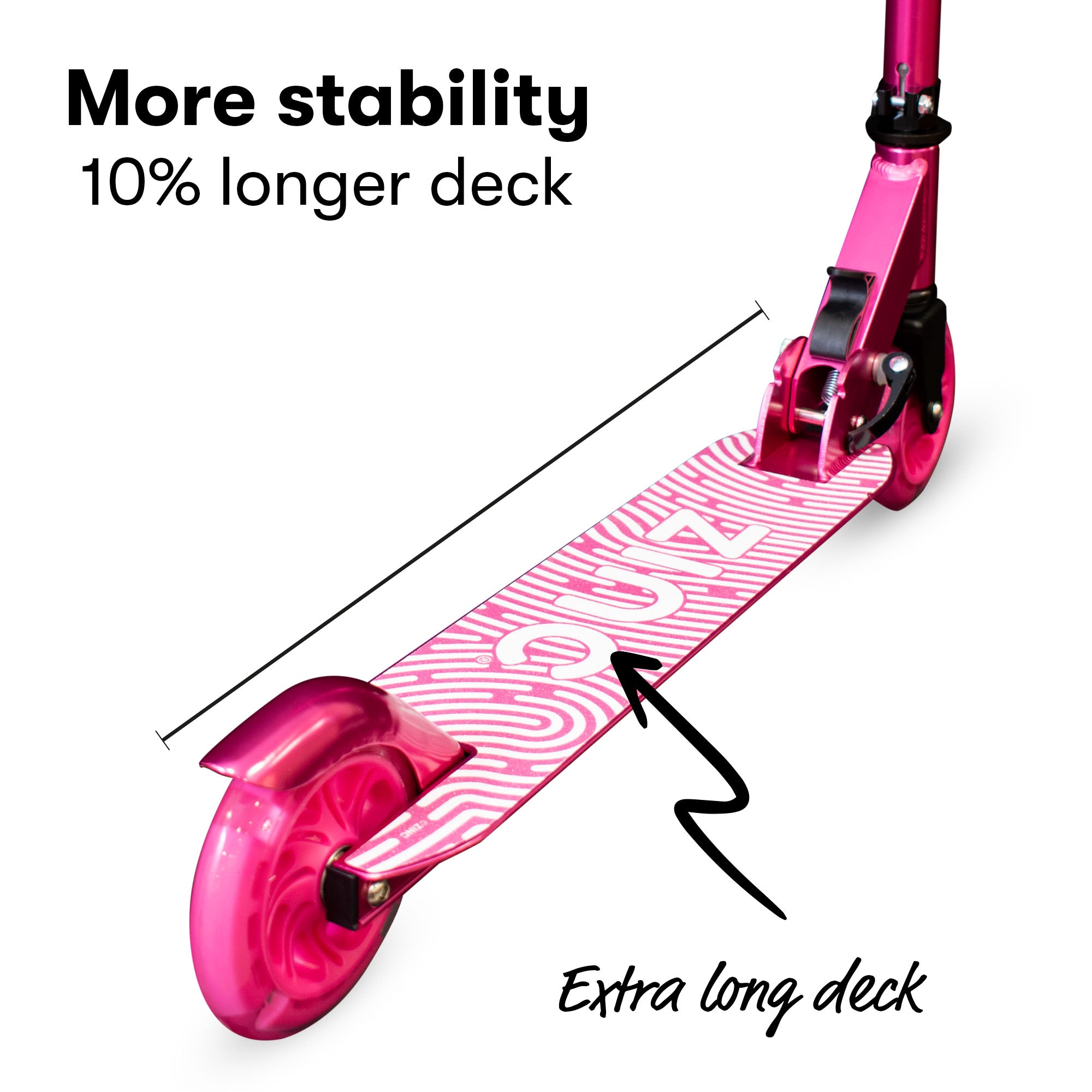 Large footplate on pink folding scooter offering extra stability and secure riding platform