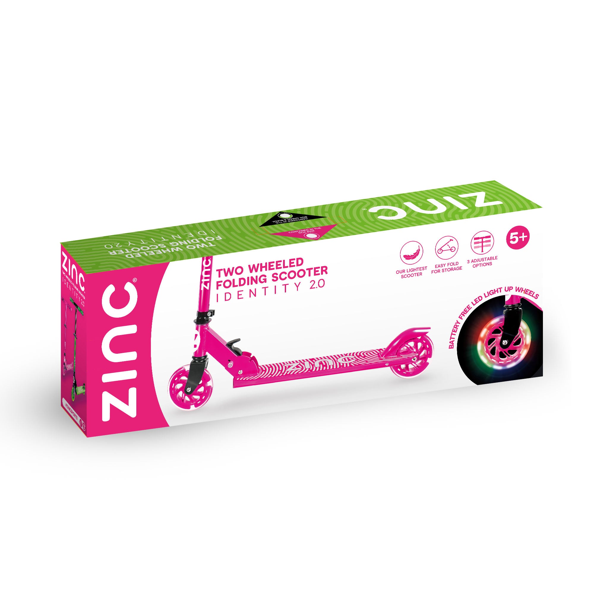 No assembly required pink folding scooter ready to ride straight from the box with light up features