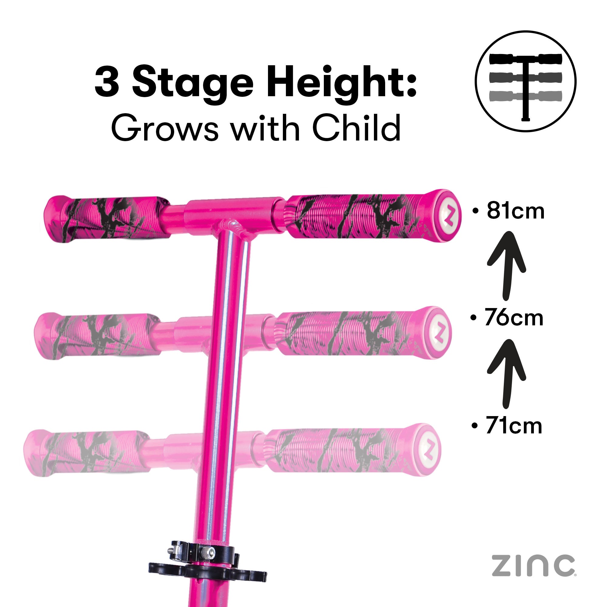 Adjustable height mechanism on pink Identity scooter with 71cm, 76cm, and 81cm options