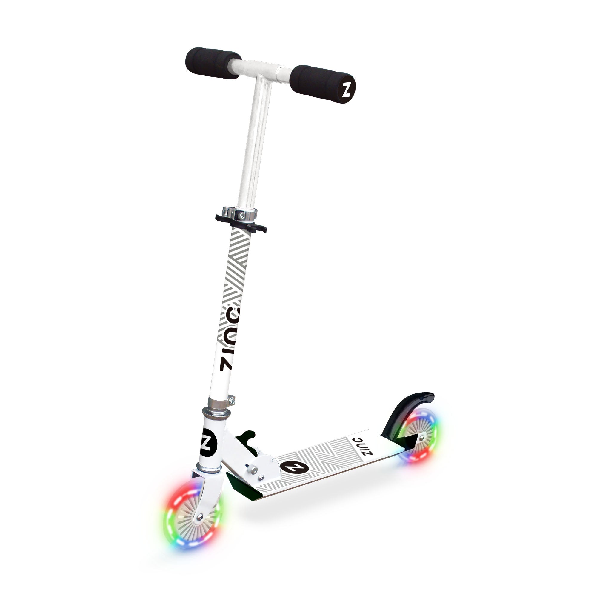 Zinc Rider folding scooter with battery-free light up wheels and adjustable height for children switching to two wheels