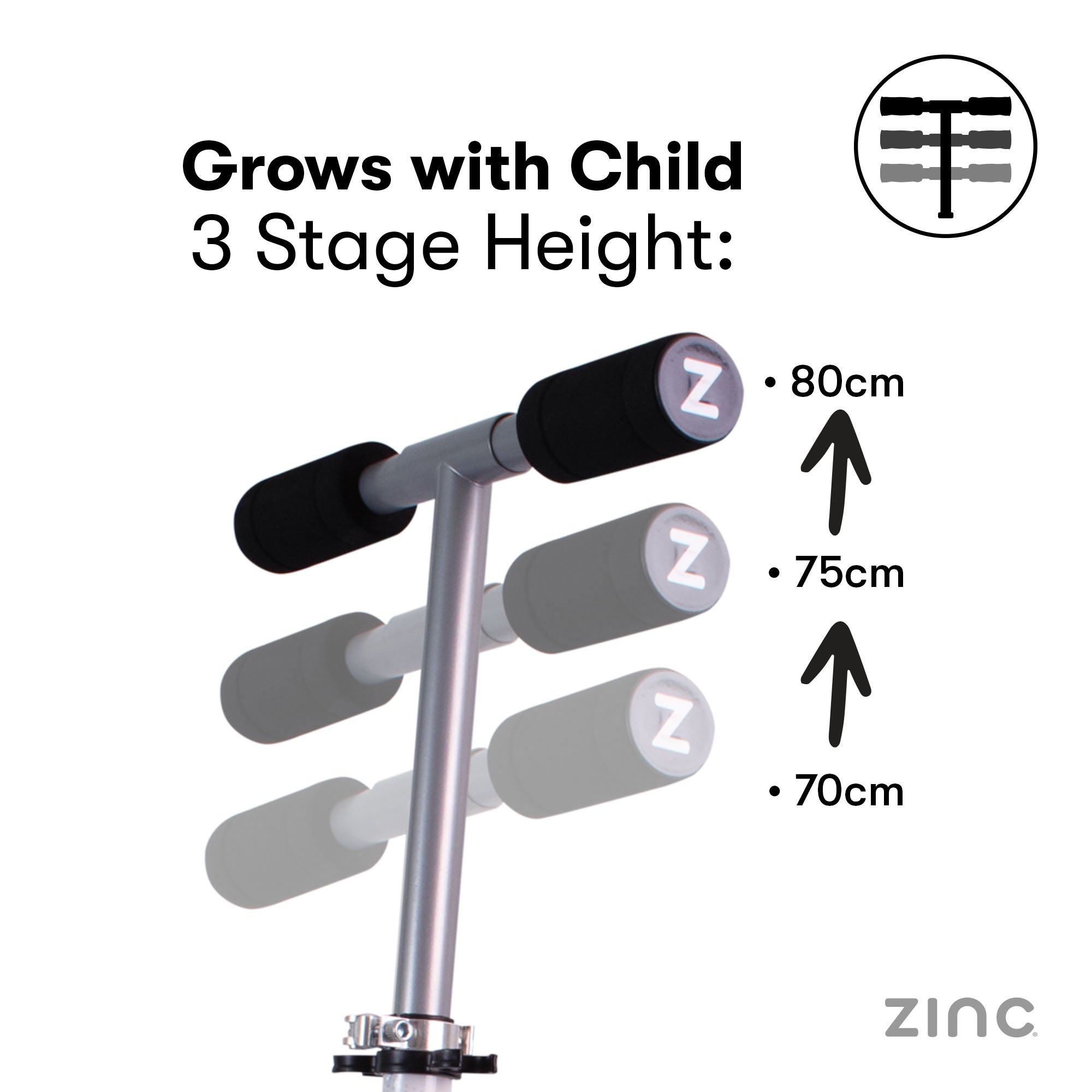 Adjustable height handlebars on Rider scooter with 70cm, 75cm, and 80cm options for growing children
