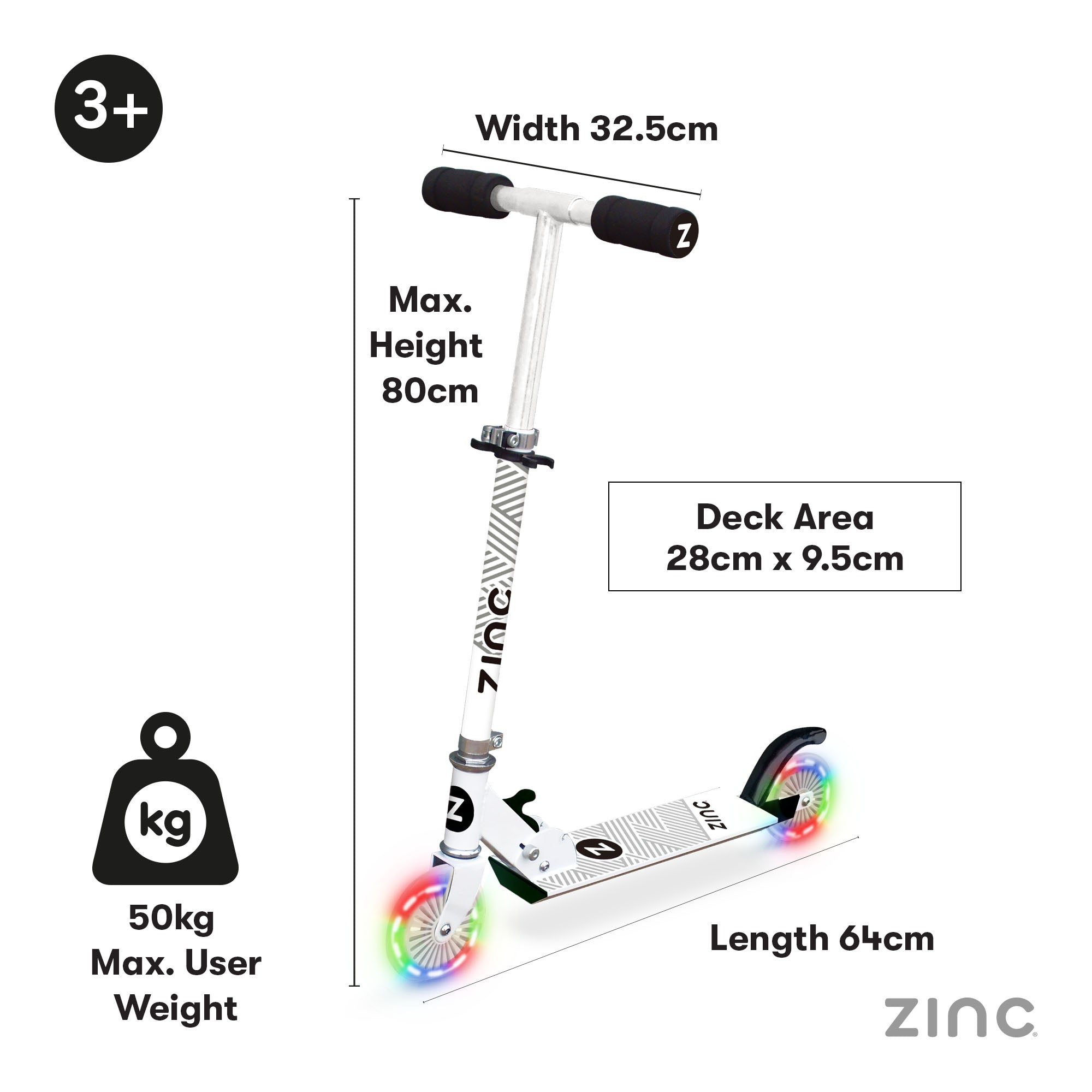 Complete Zinc Rider folding scooter with all safety features and battery-free light up technology