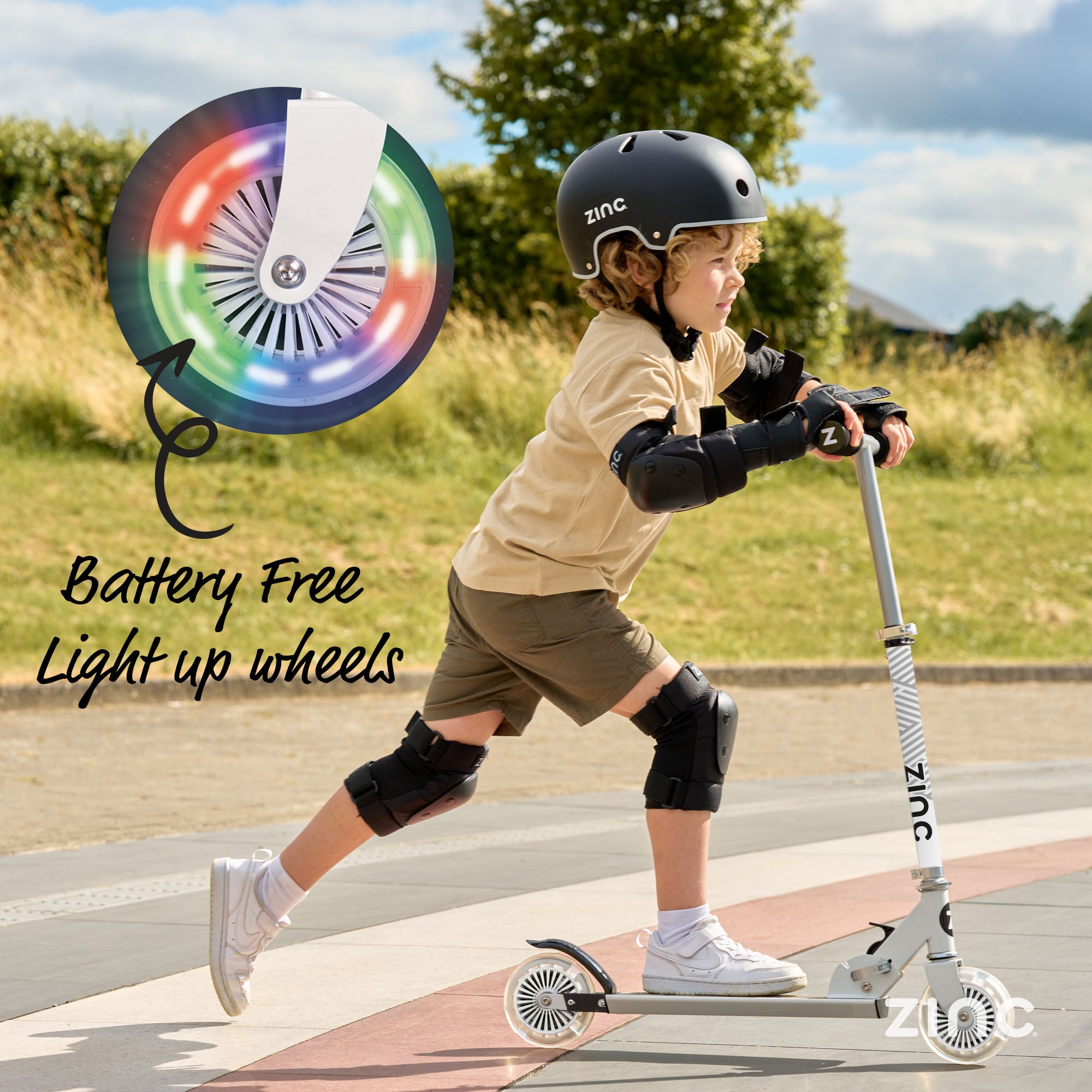 Battery-free light up wheels on Rider scooter creating fun illumination effects without charging required