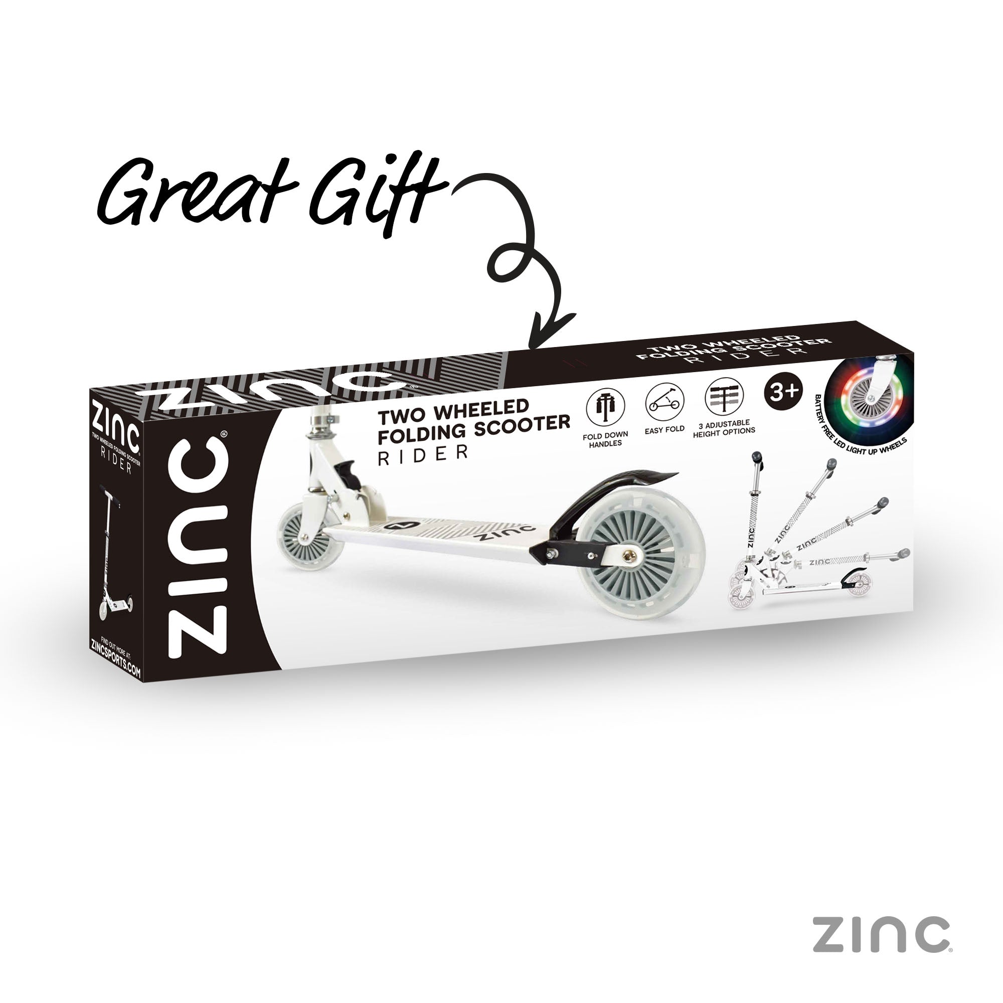 No assembly required Rider scooter ready to ride straight from the box with light up features