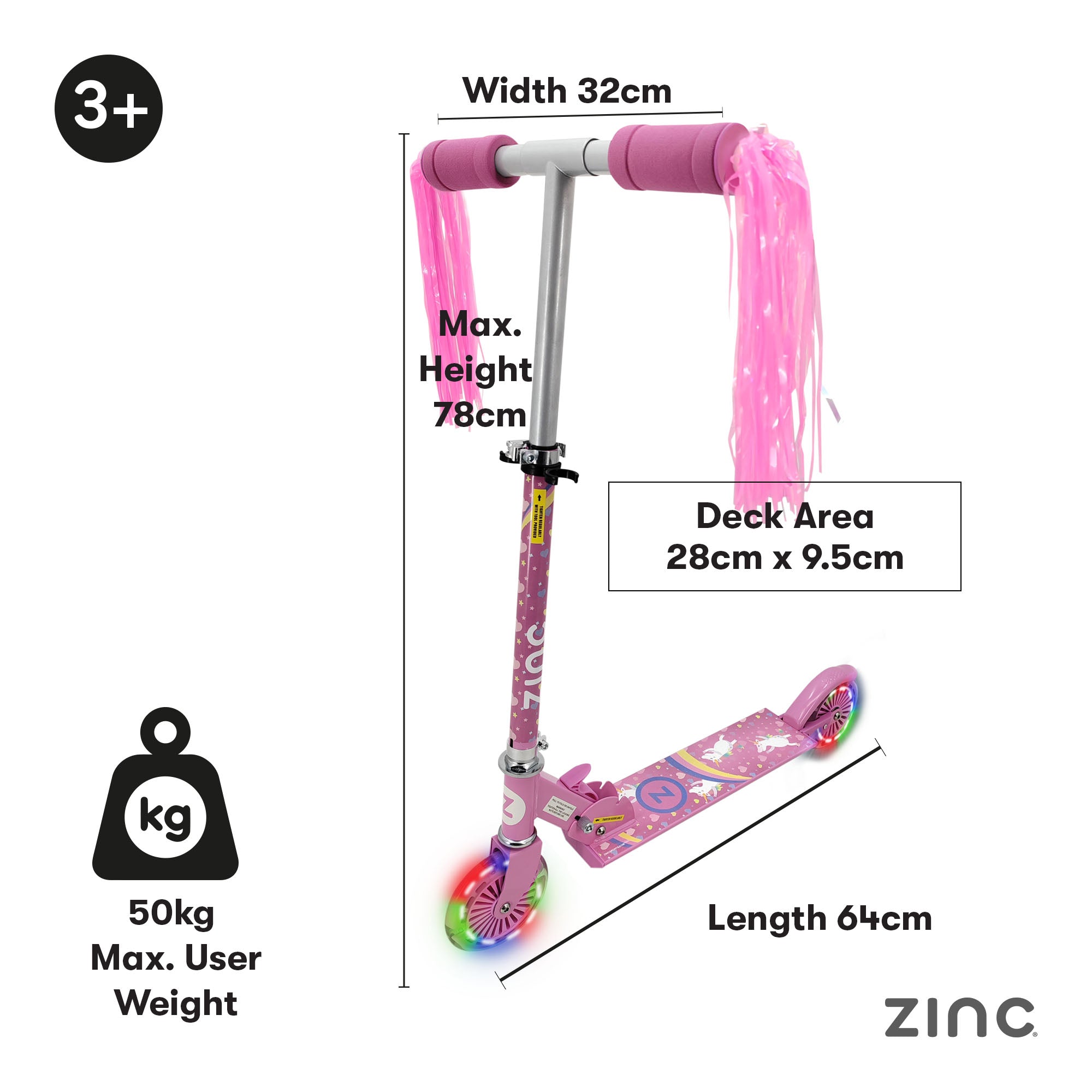 Unicorn themed folding scooter featuring battery-free light up wheels and adjustable height 70-80cm